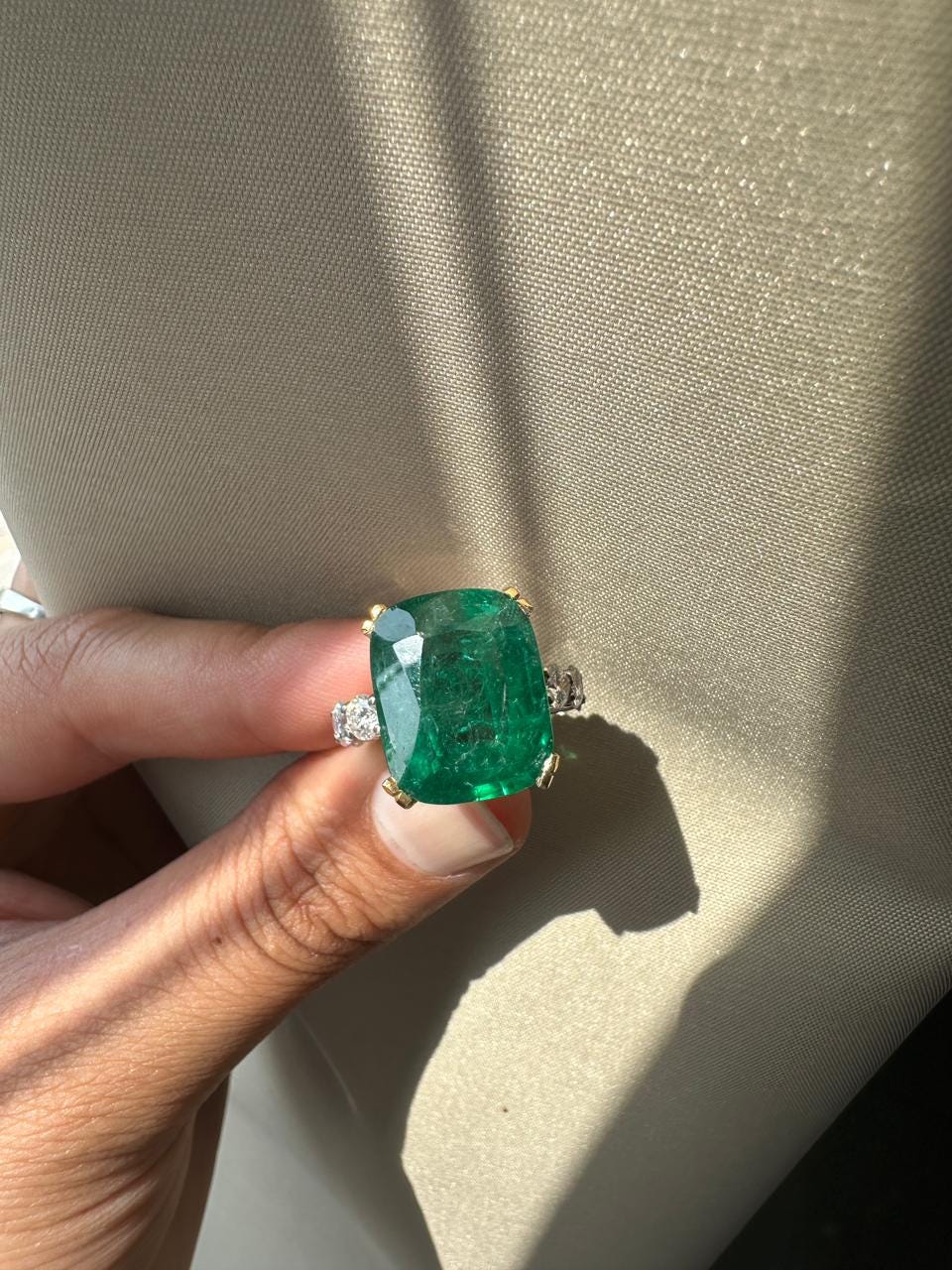 15 CT Lab Emerald Cushion Cut Ring | 14K Solid Gold Moissanite Eternity Band