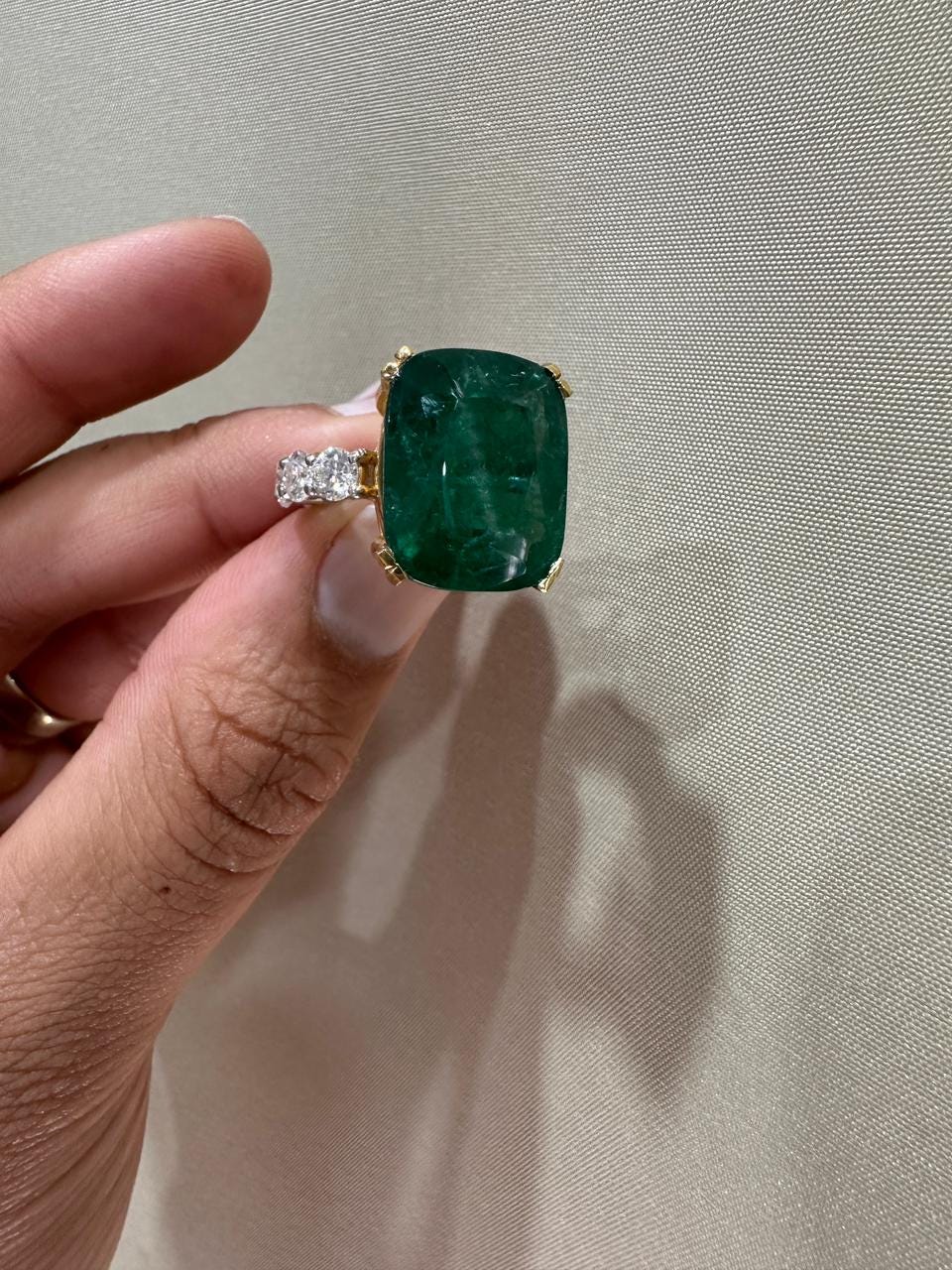 15 CT Lab Emerald Cushion Cut Ring | 14K Solid Gold Moissanite Eternity Band