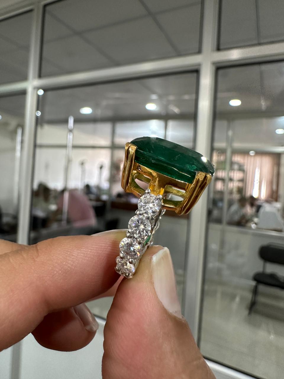 15 CT Lab Emerald Cushion Cut Ring | 14K Solid Gold Moissanite Eternity Band