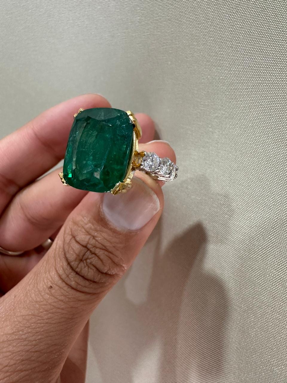 15 CT Lab Emerald Cushion Cut Ring | 14K Solid Gold Moissanite Eternity Band