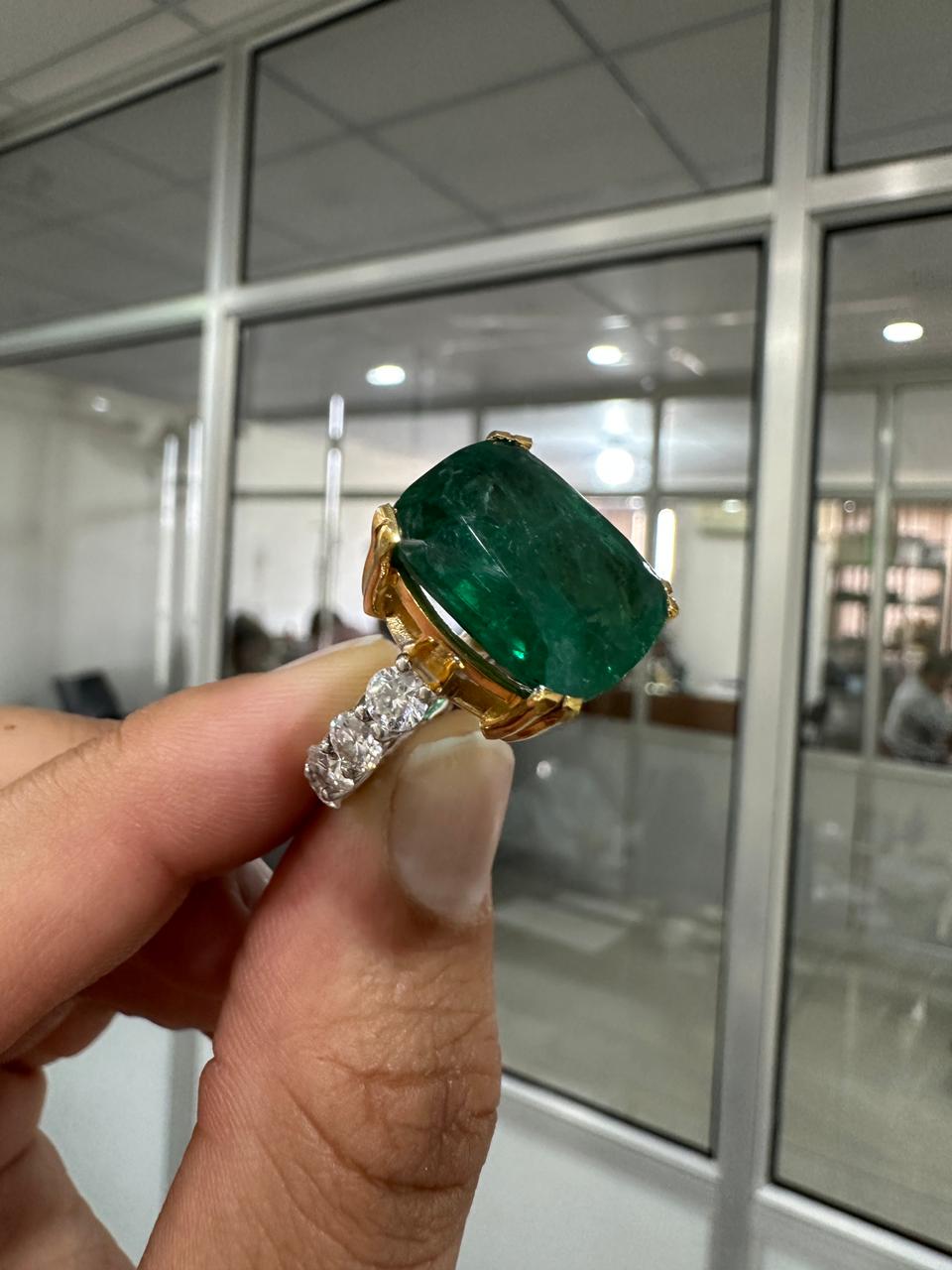 15 CT Lab Emerald Cushion Cut Ring | 14K Solid Gold Moissanite Eternity Band