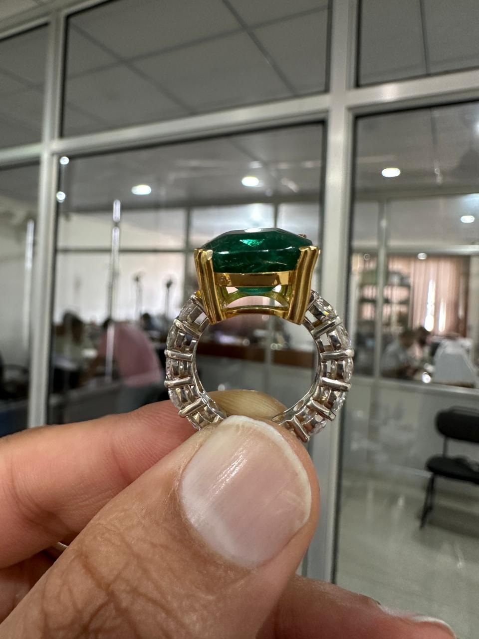 15 CT Lab Emerald Cushion Cut Ring | 14K Solid Gold Moissanite Eternity Band