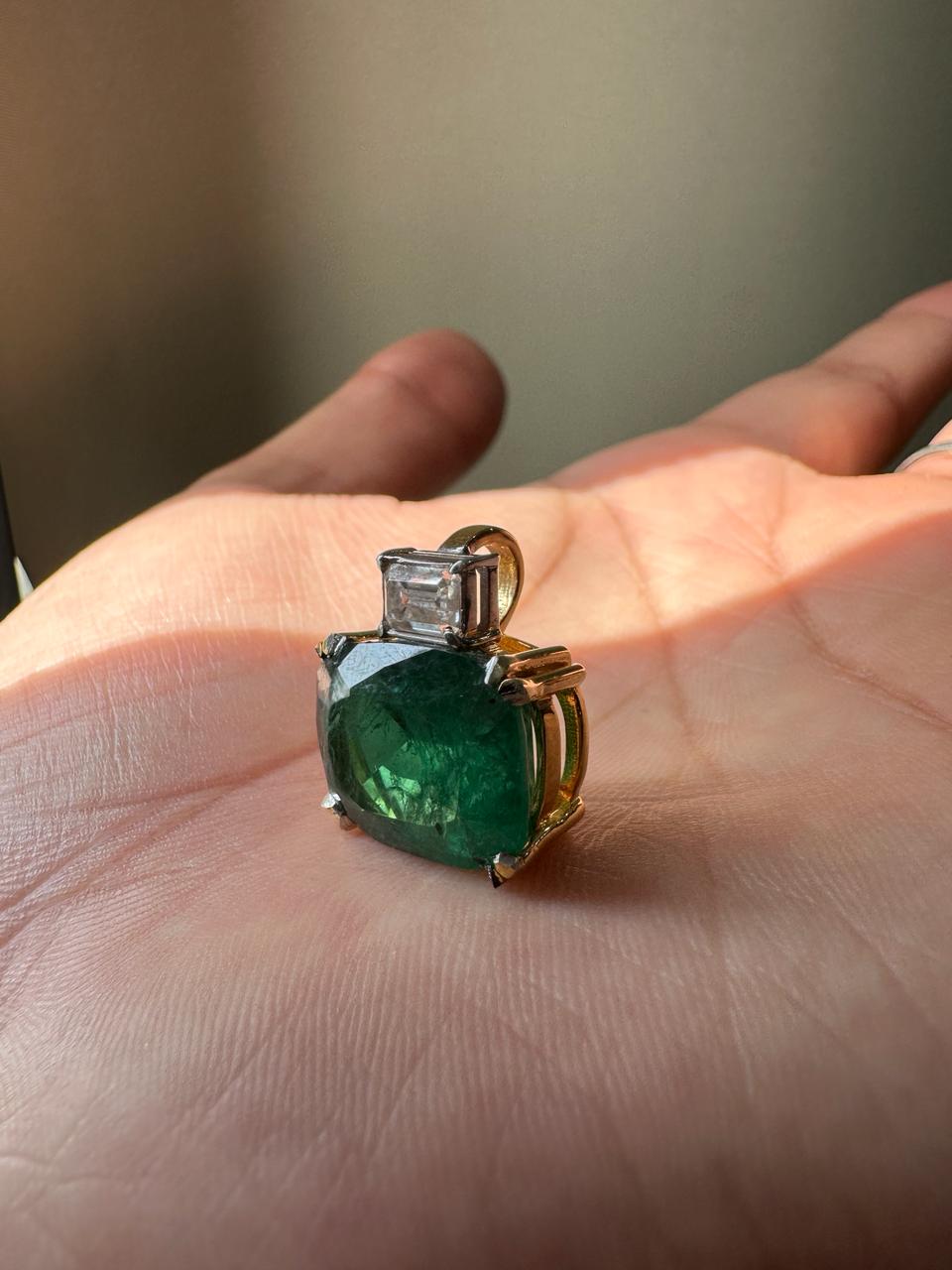 15 CT Emerald Pendant Necklace | 14K Gold Cushion Cut Moissanite Statement Jewelry