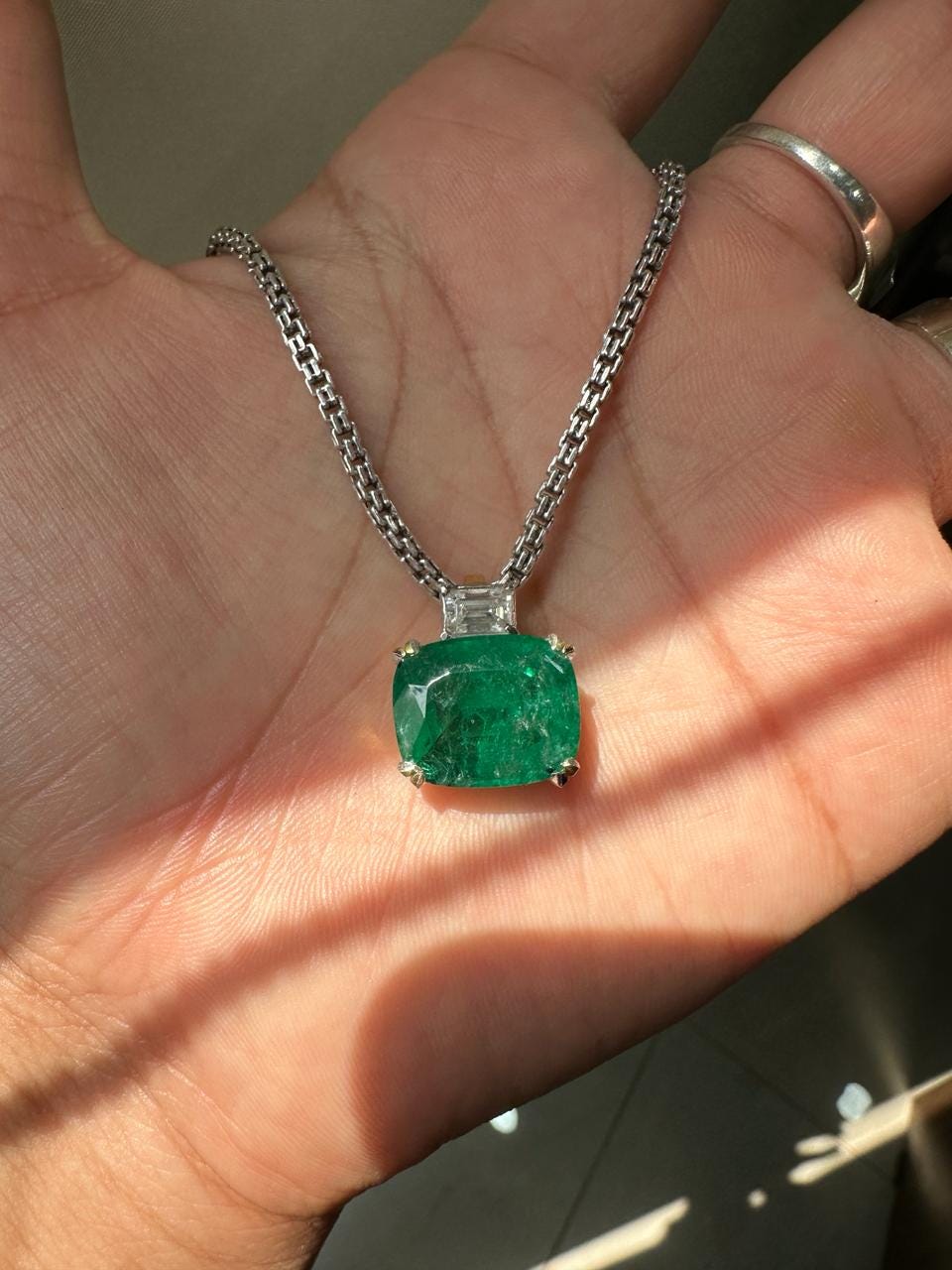 15 CT Emerald Pendant Necklace | 14K Gold Cushion Cut Moissanite Statement Jewelry