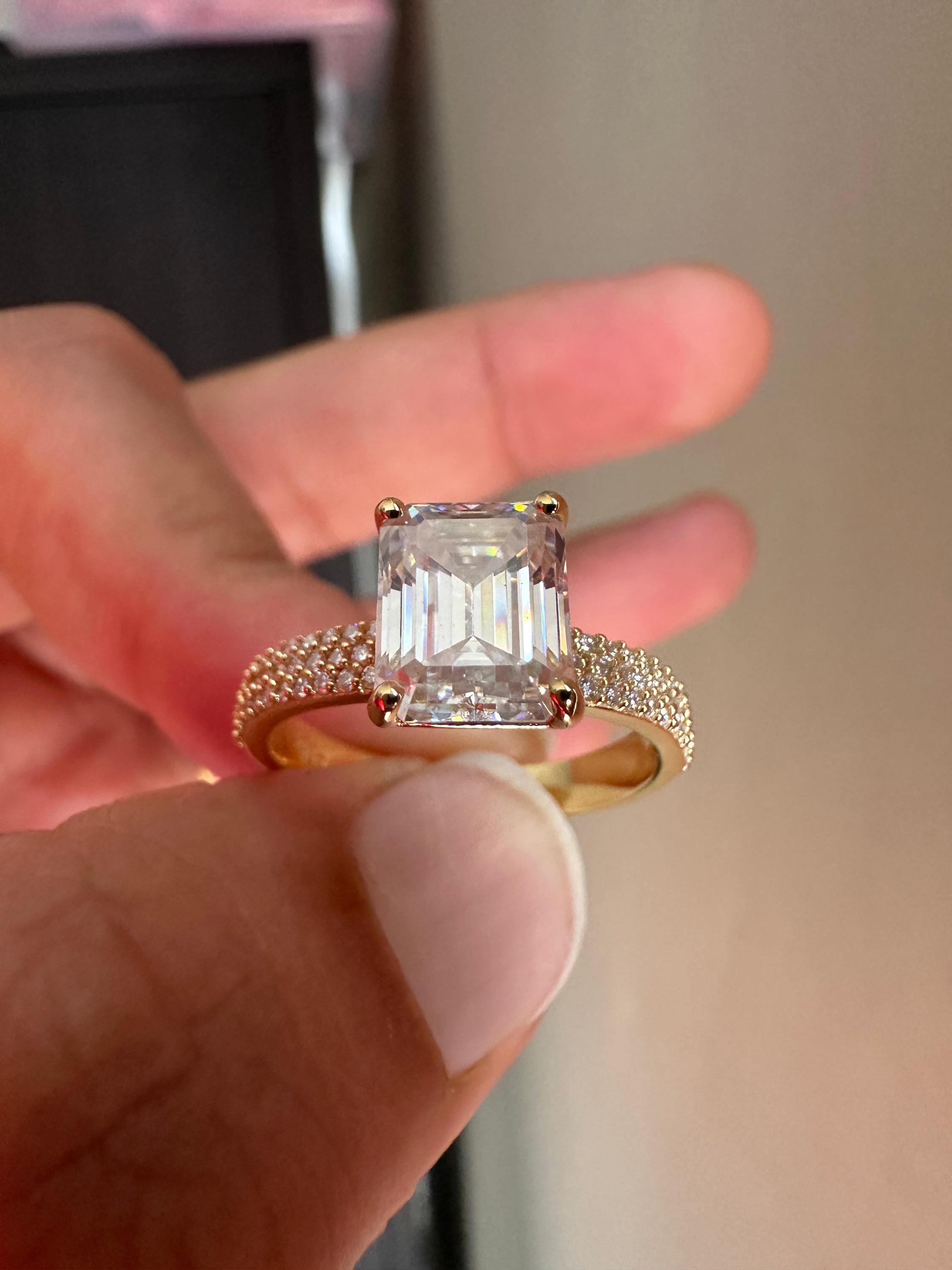 2 CT Emerald Cut Lab Diamond Ring | 14K Gold Triple Pave Engagement Band