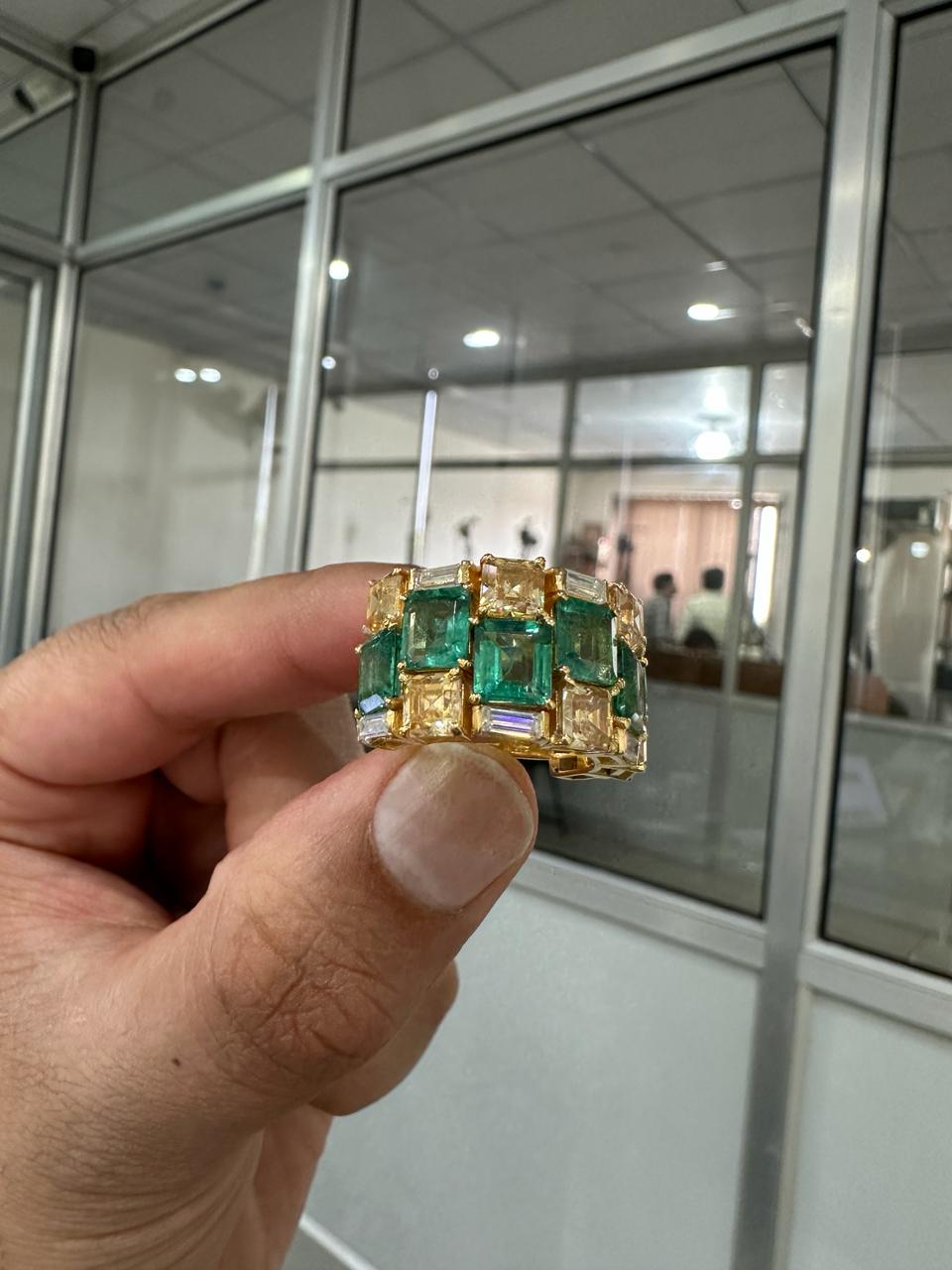 Multi Stone Emerald Engagement Ring | 14k Yellow Gold, Statement gift for her
