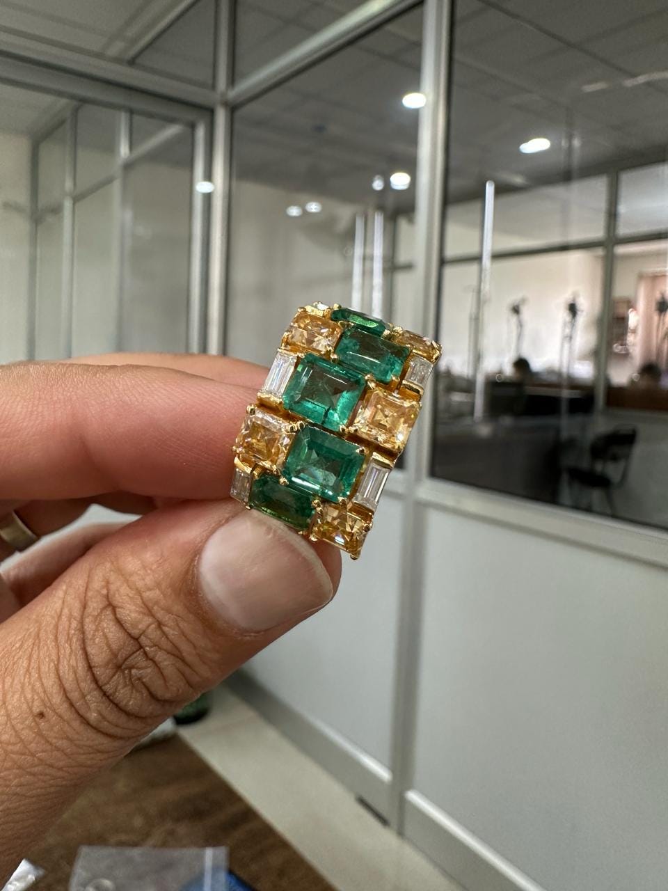 Multi Stone Emerald Engagement Ring | 14k Yellow Gold, Statement gift for her