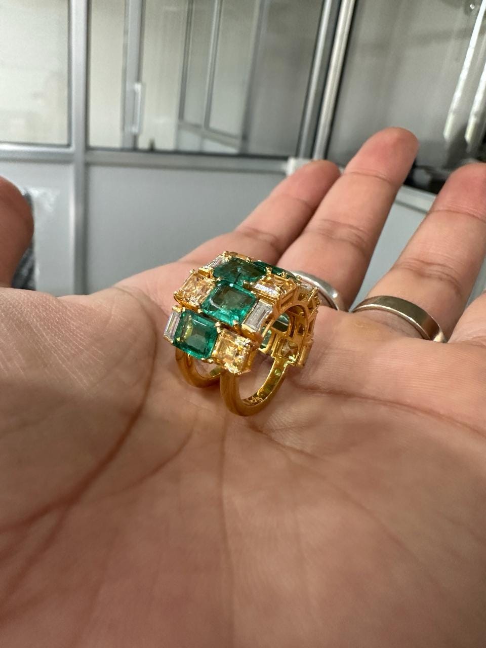 Multi Stone Emerald Engagement Ring | 14k Yellow Gold, Statement gift for her