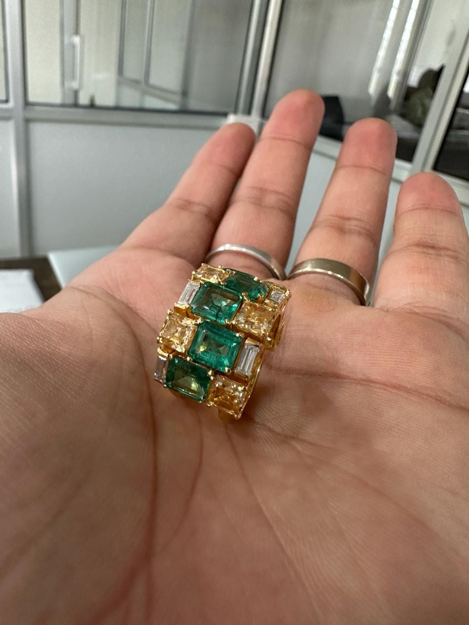 Multi Stone Emerald Engagement Ring | 14k Yellow Gold, Statement gift for her