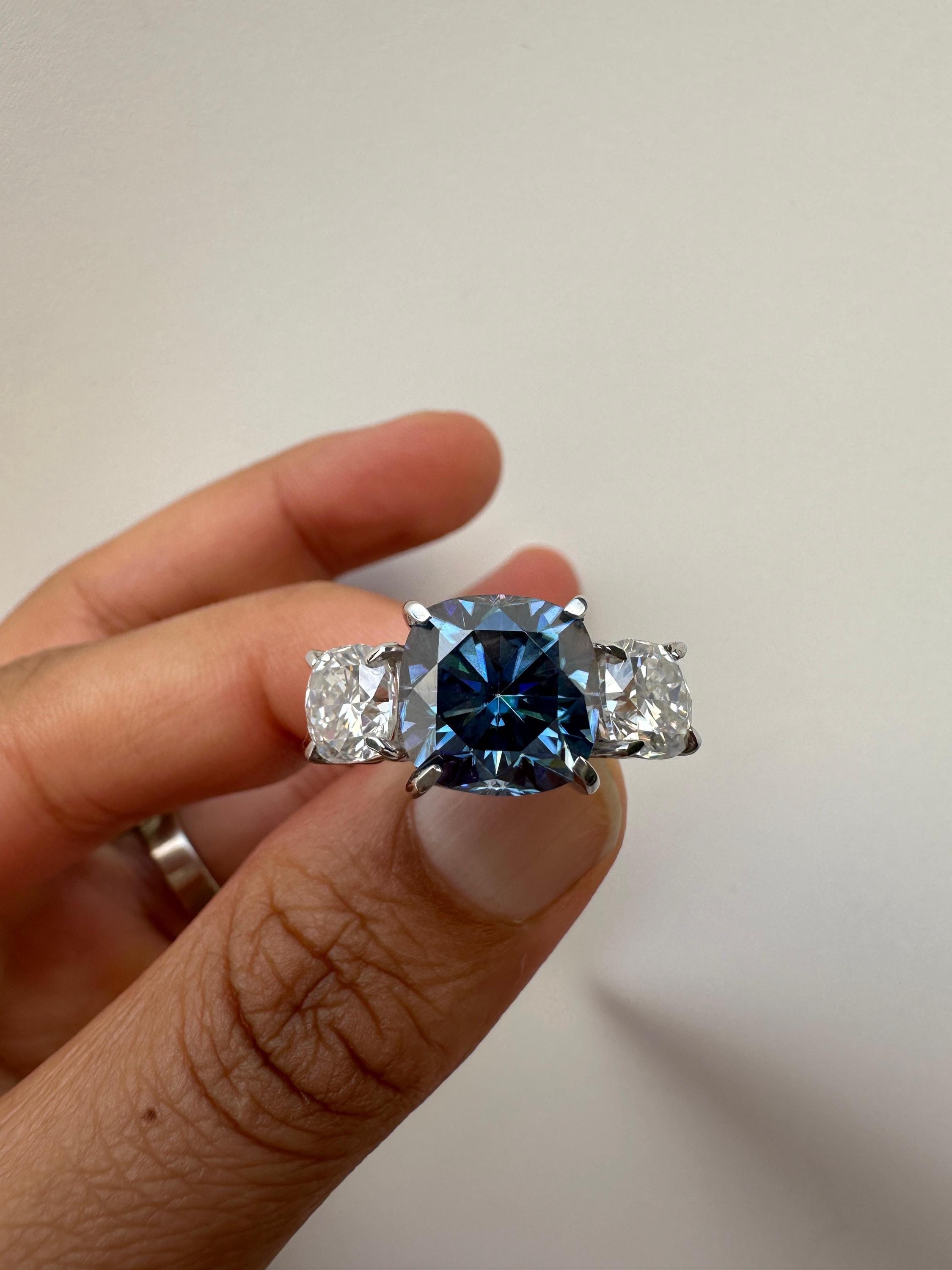 Blue Cushion Cut Moissanite Engagement Ring | 14K White Gold Three Stone Proposal Ring