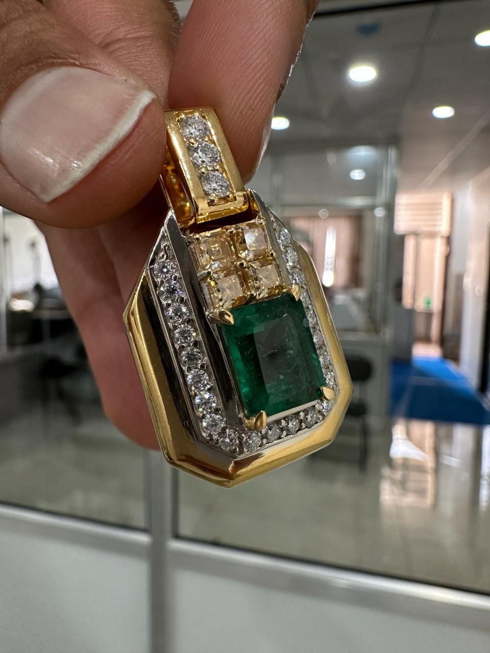 Vintage Emerald Diamond Pendant Necklace, 14K Yellow Gold, Luxury Gift for her