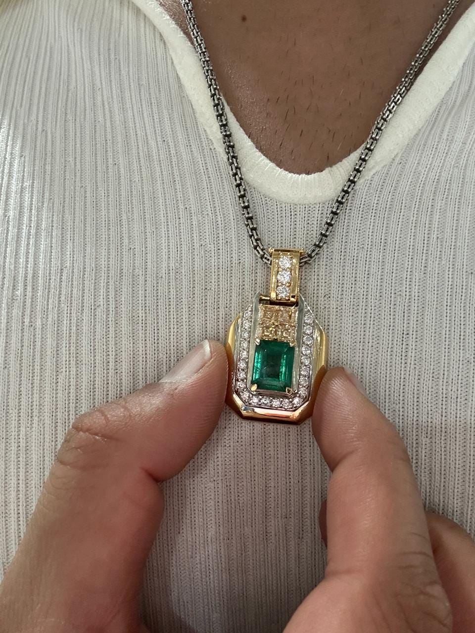 Vintage Emerald Diamond Pendant Necklace, 14K Yellow Gold, Luxury Gift for her