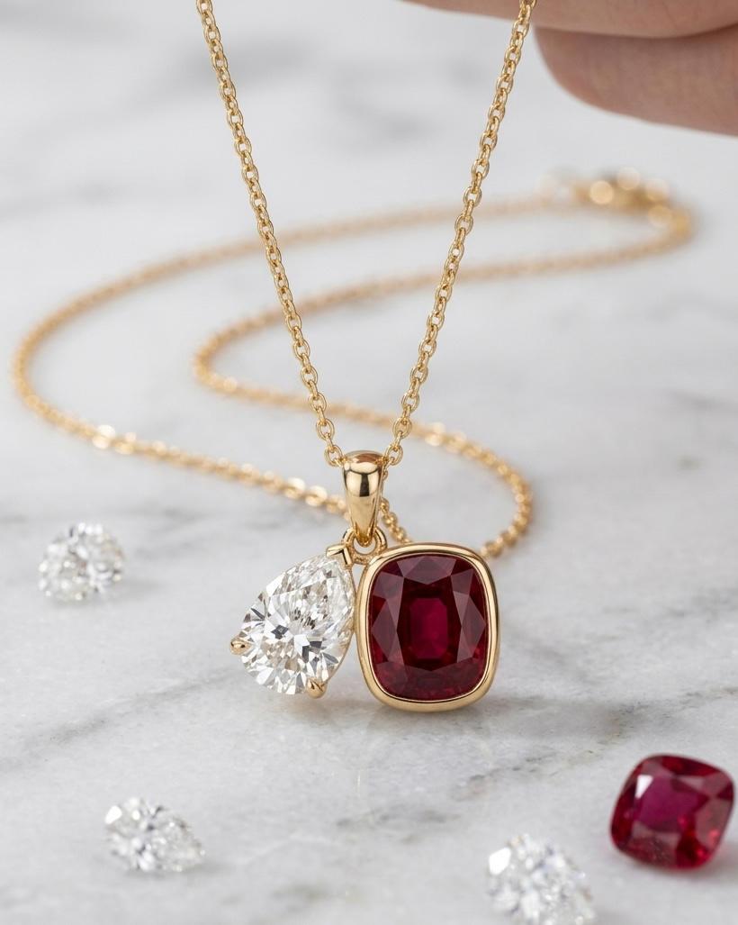 Toi Et Moi Garnet Diamond Pendant | 14K Gold Necklace, Birthstone Jewelry