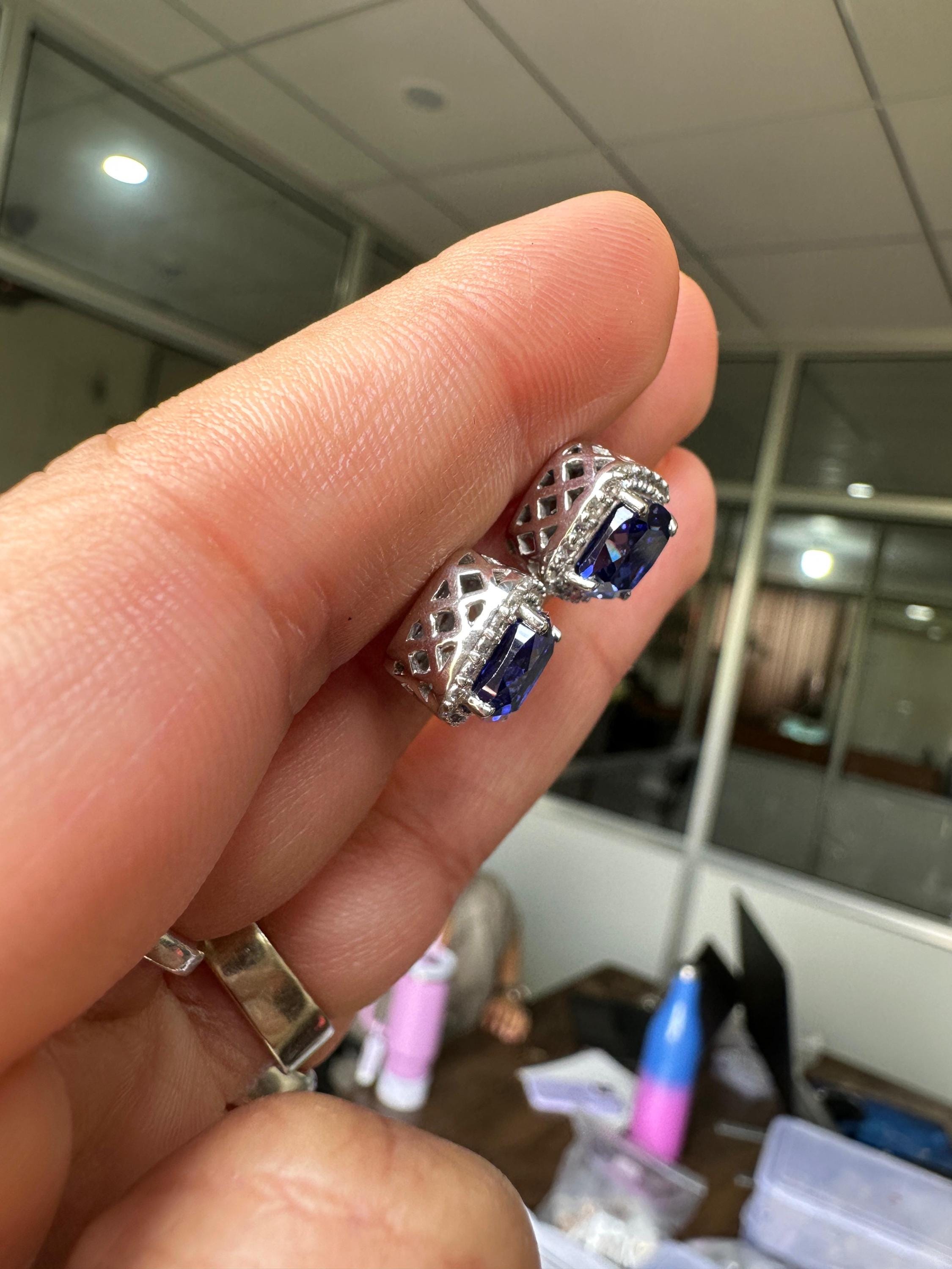 Cushion Cut Tanzanite Halo Stud Earrings | 14K White Gold Lab Diamond Accents