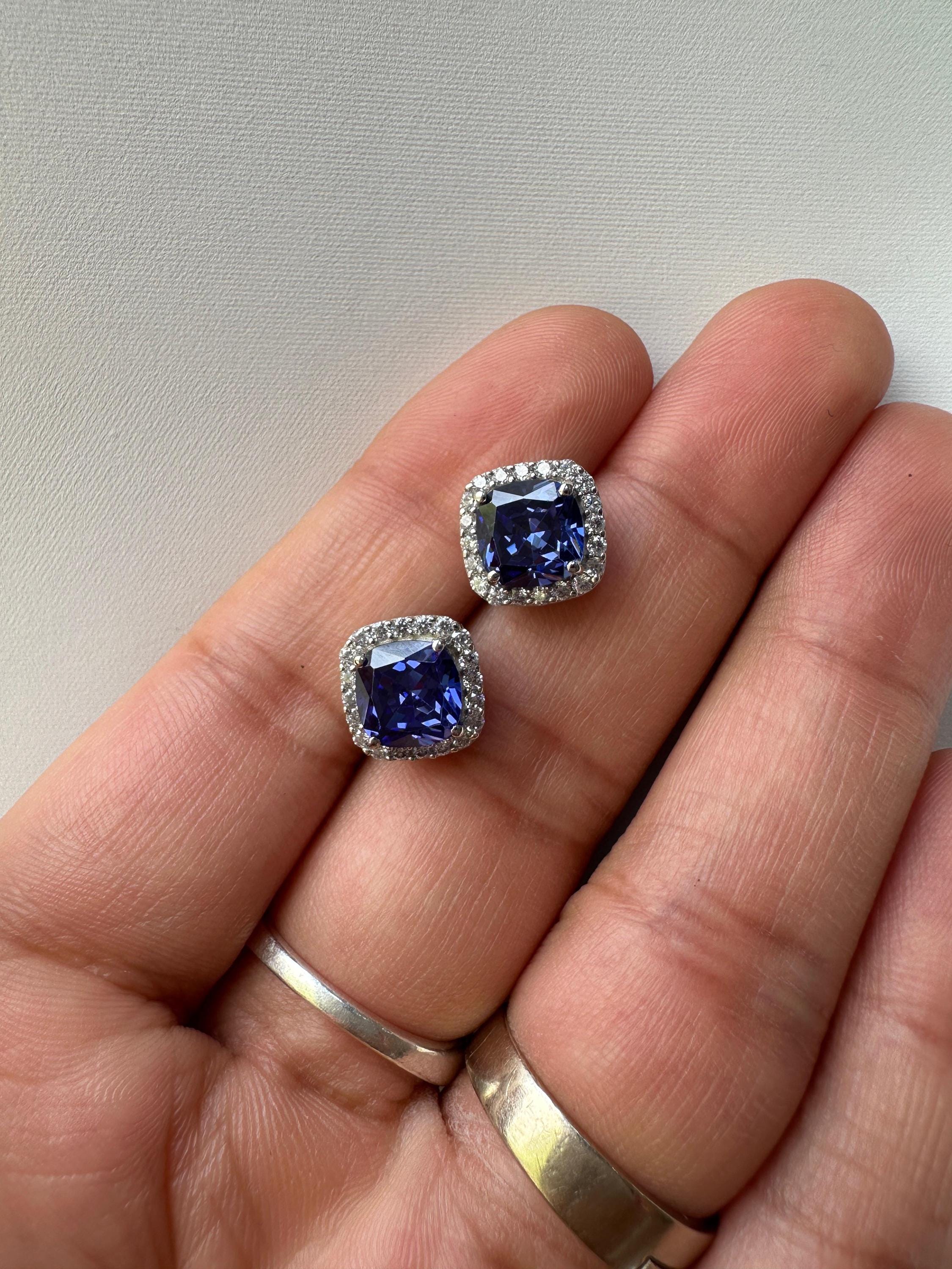 Cushion Cut Tanzanite Halo Stud Earrings | 14K White Gold Lab Diamond Accents