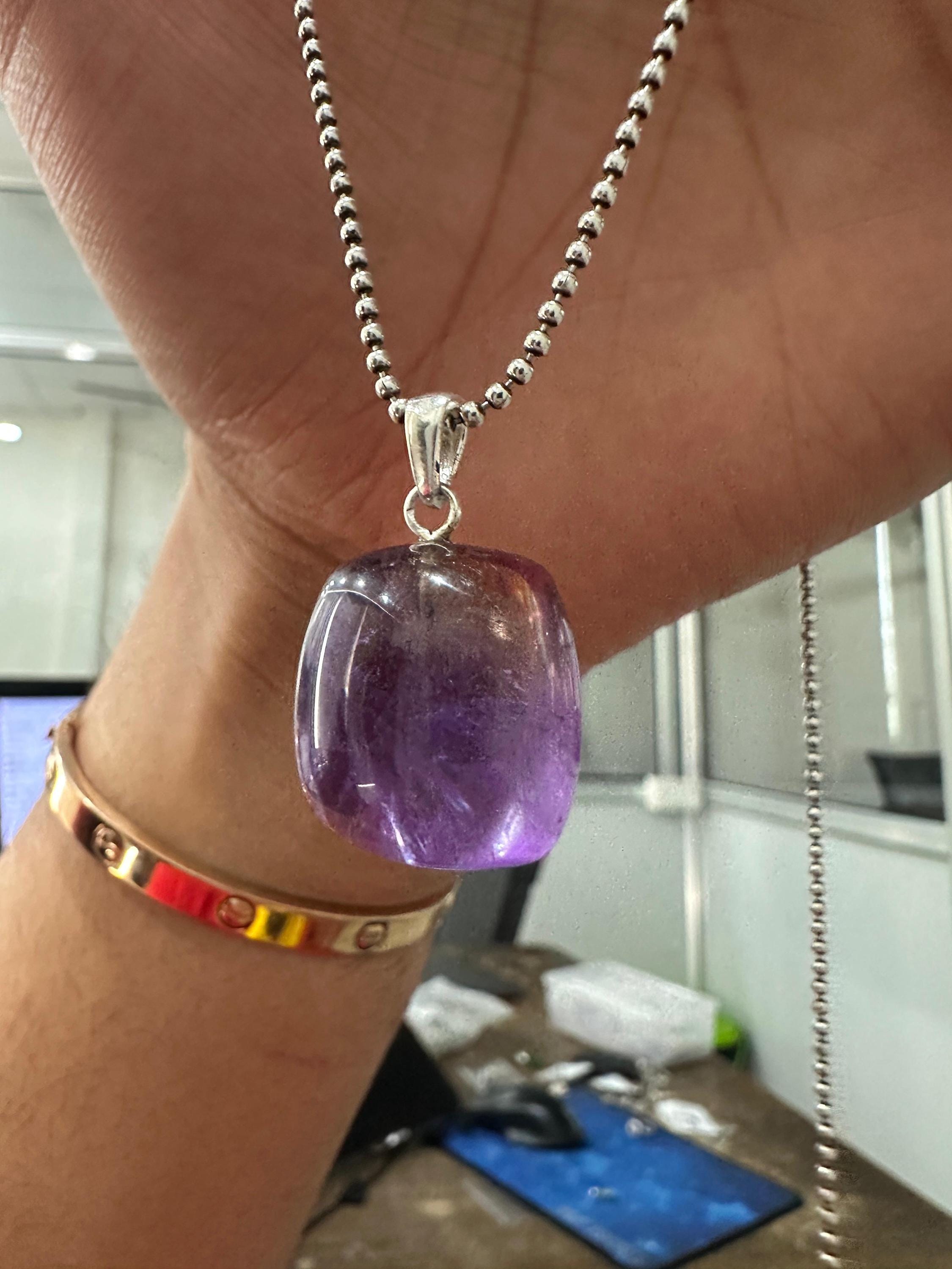 Amethyst Ametrine Cushion Cube Pendant Necklace, 925 Silver Ball Chain, Unisex Crystal Jewelry