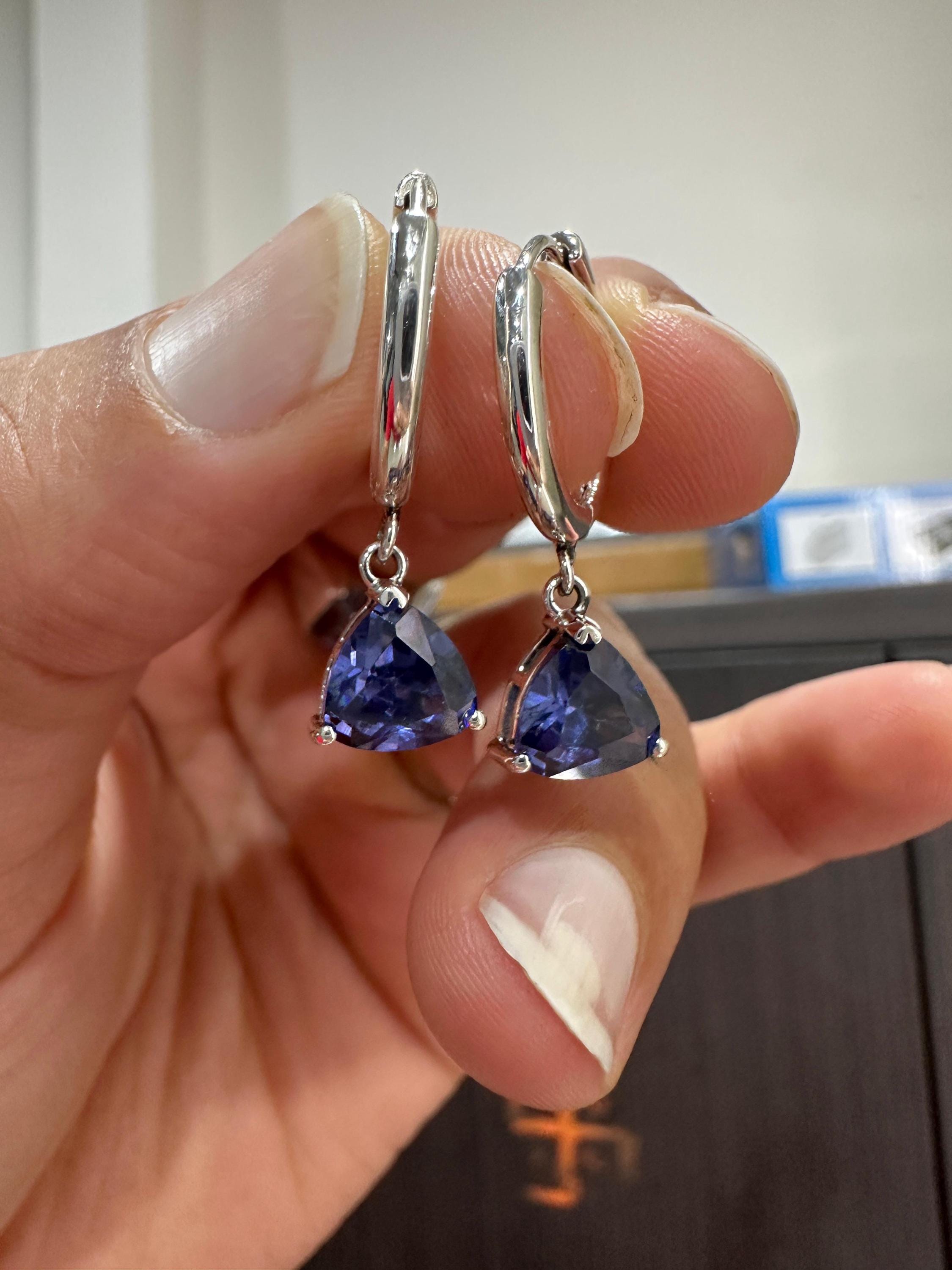 14K White Gold Trillion Tanzanite Hoop Drop Earrings, 2 CT Blue Gemstone Dangle Jewelry