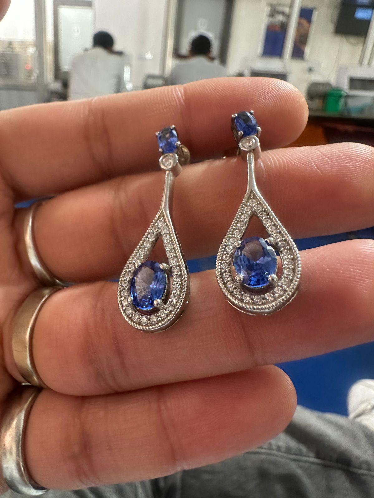 Blue Sapphire Drop Earrings | 14K White Gold Halo Dangle Drop Bridal Jewelry