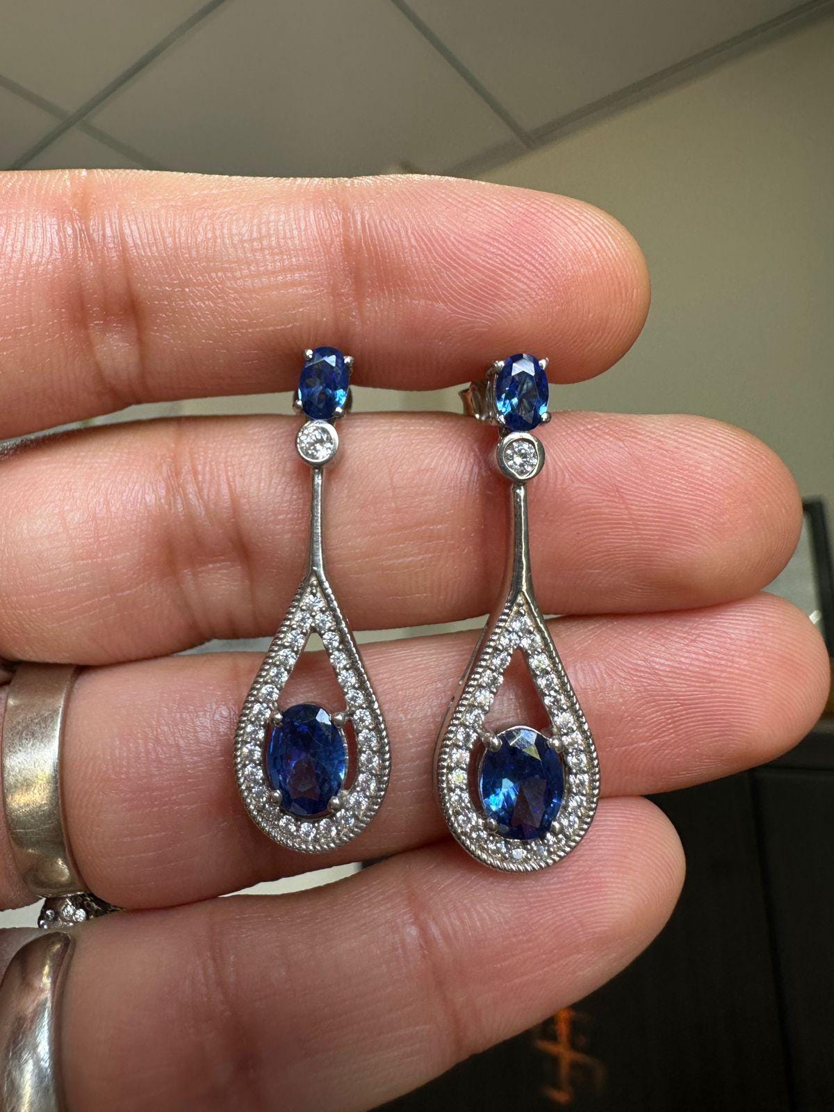Blue Sapphire Drop Earrings | 14K White Gold Halo Dangle Drop Bridal Jewelry