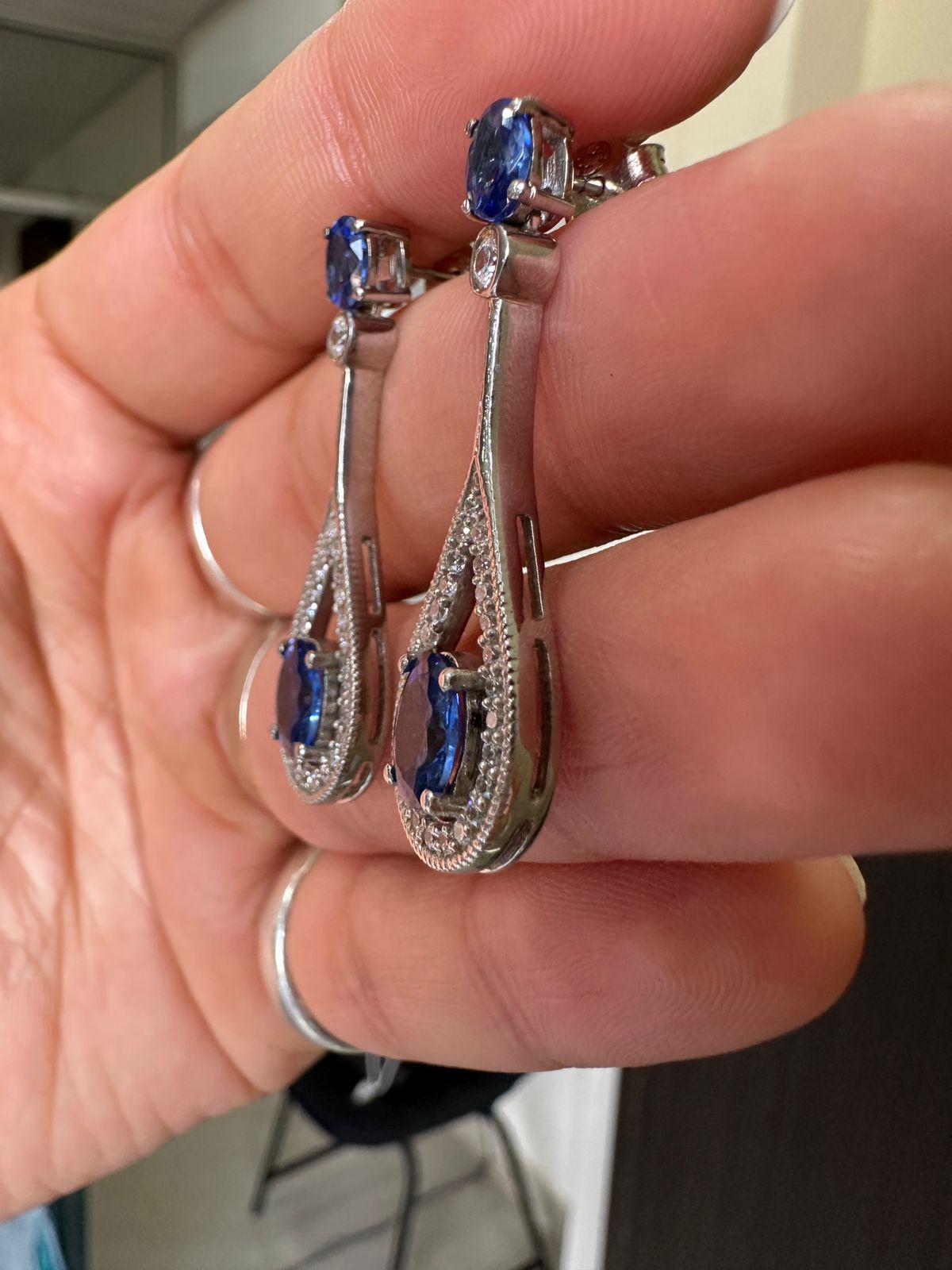 Blue Sapphire Drop Earrings | 14K White Gold Halo Dangle Drop Bridal Jewelry
