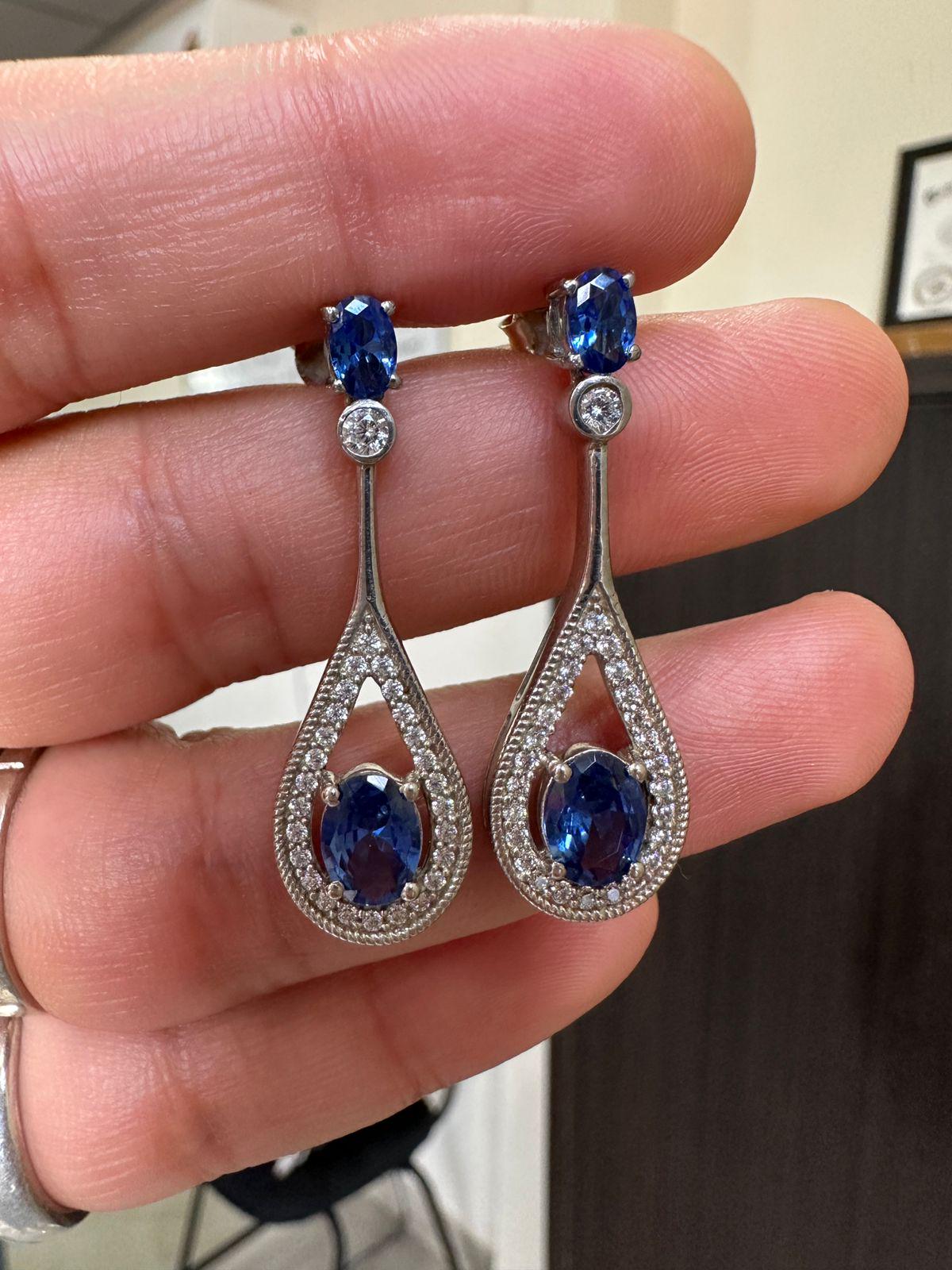 Blue Sapphire Drop Earrings | 14K White Gold Halo Dangle Drop Bridal Jewelry