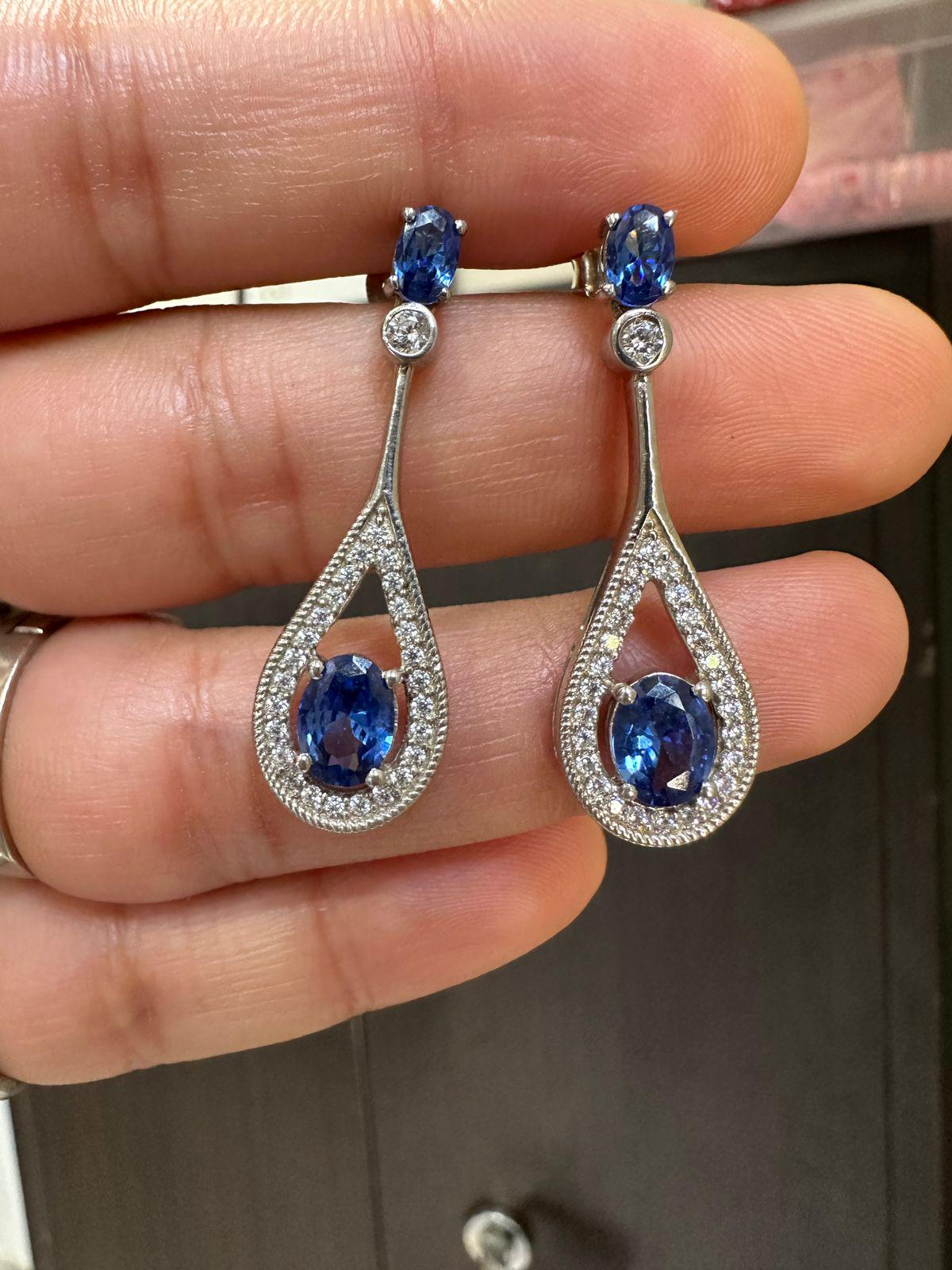 Blue Sapphire Drop Earrings | 14K White Gold Halo Dangle Drop Bridal Jewelry