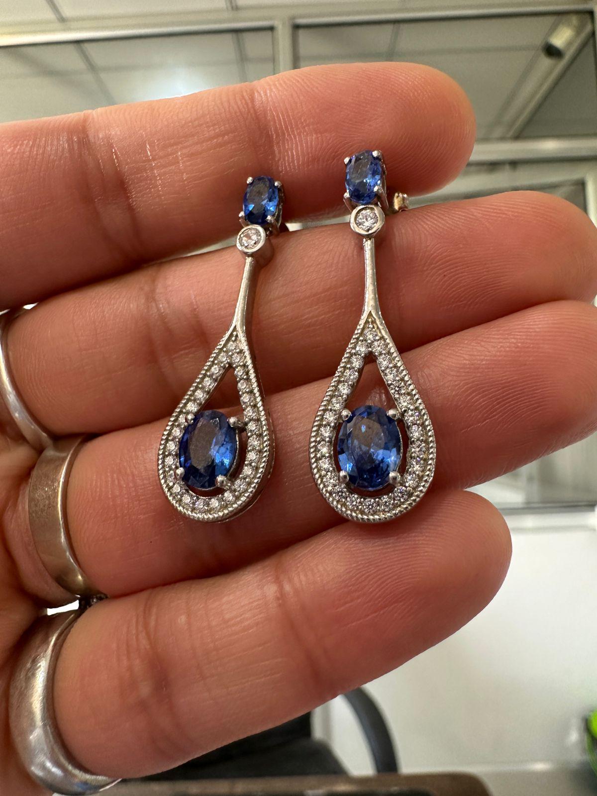 Blue Sapphire Drop Earrings | 14K White Gold Halo Dangle Drop Bridal Jewelry