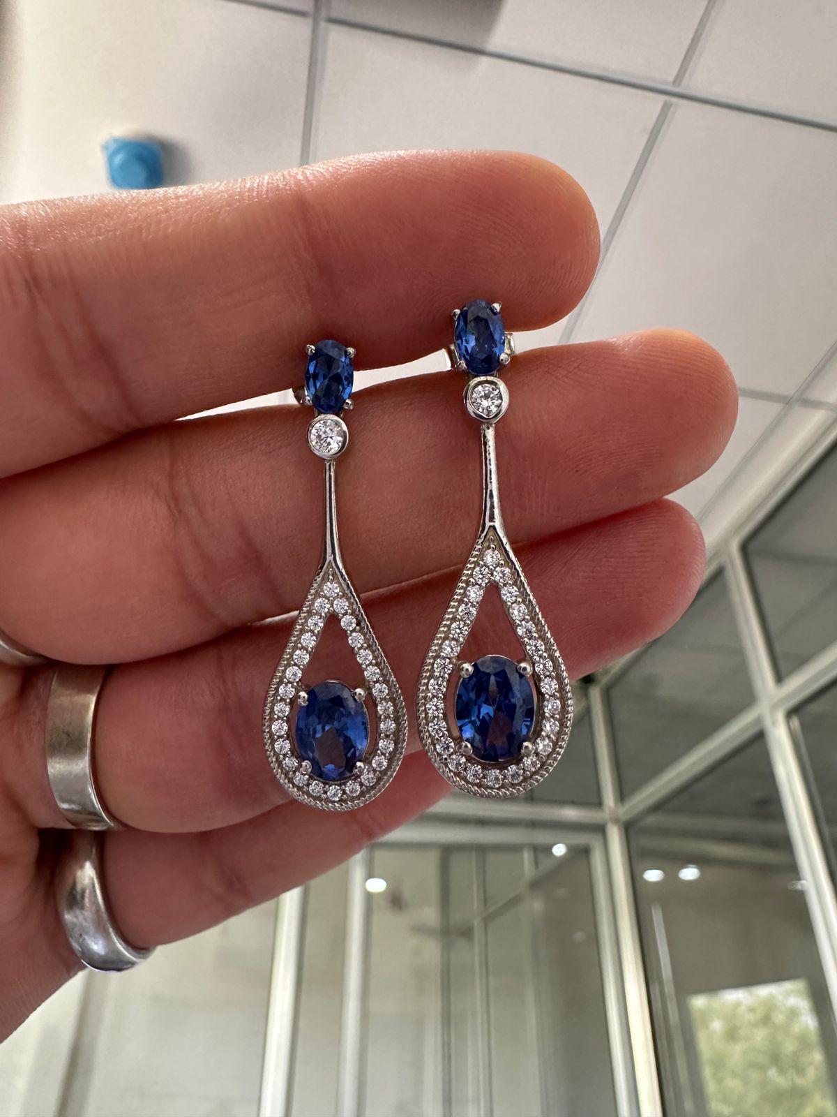 Blue Sapphire Drop Earrings | 14K White Gold Halo Dangle Drop Bridal Jewelry