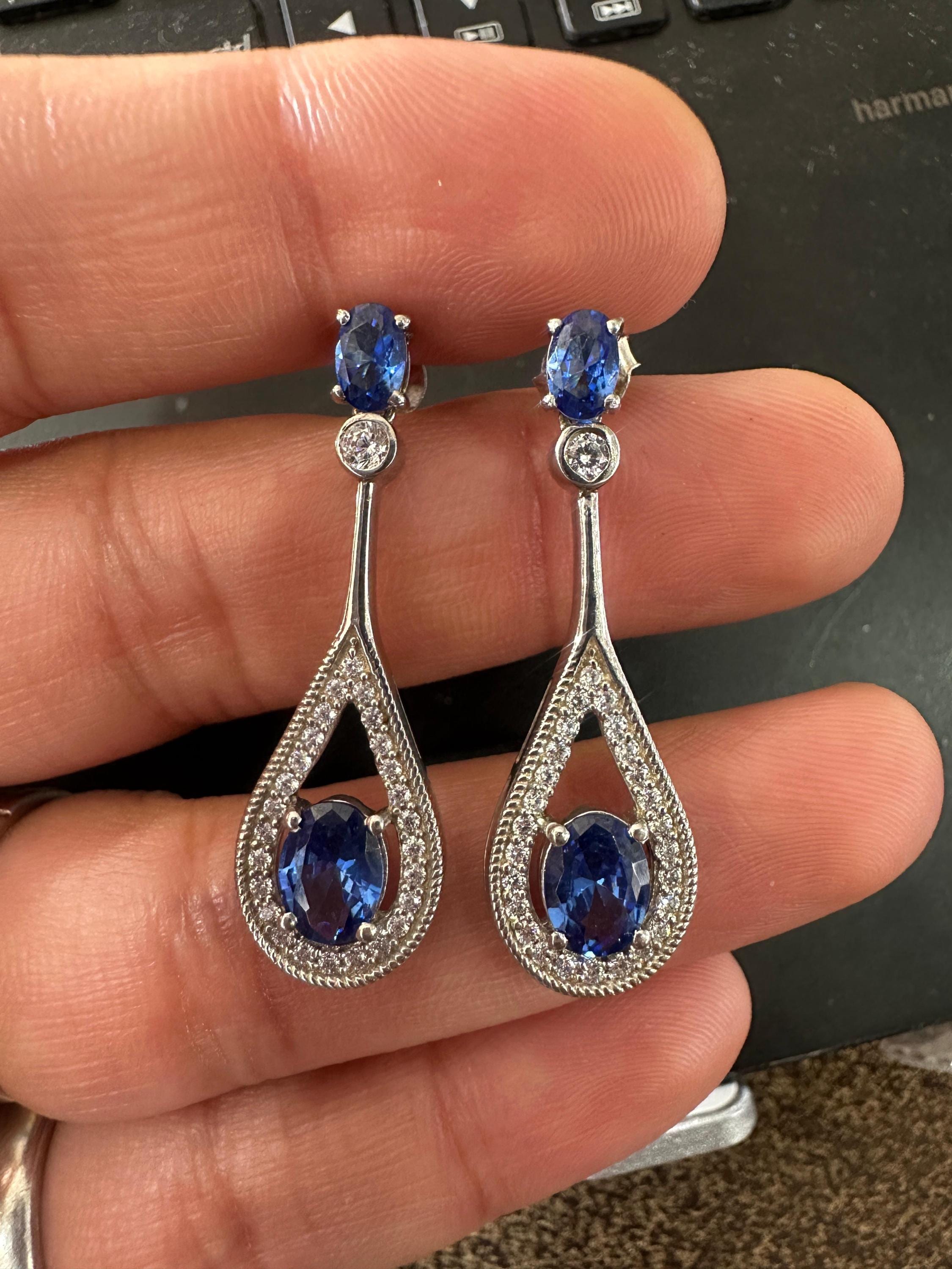 Blue Sapphire Drop Earrings | 14K White Gold Halo Dangle Drop Bridal Jewelry