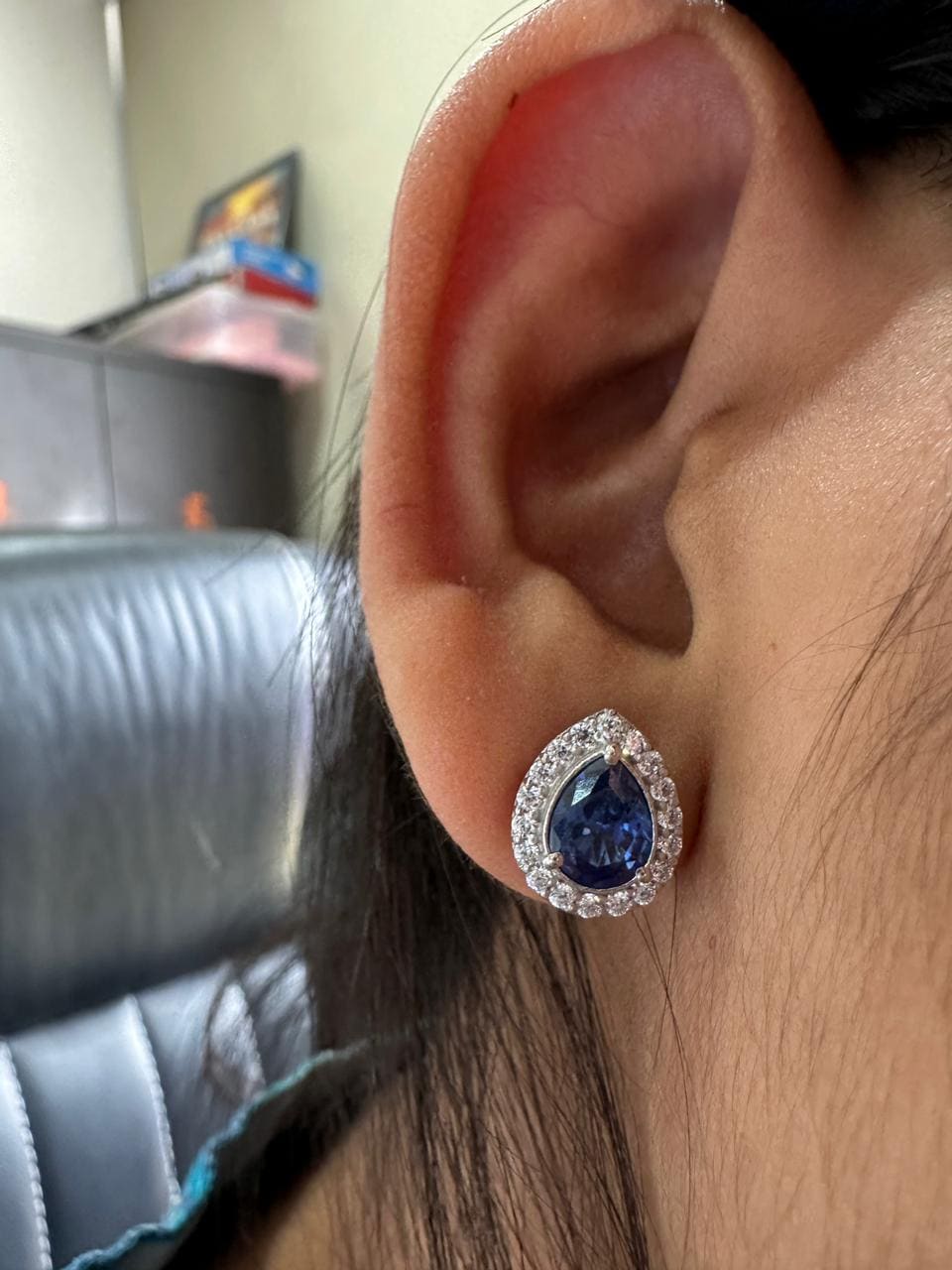 Pear Cut Blue Sapphire Halo Stud Earrings | 925 Sterling Silver Bridal Jewelry