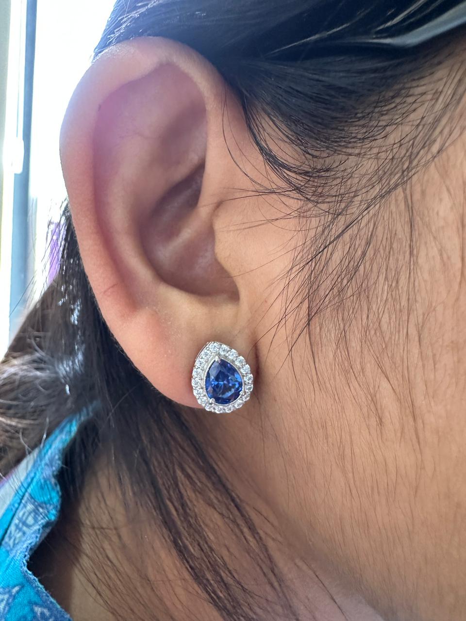 Pear Cut Blue Sapphire Halo Stud Earrings | 925 Sterling Silver Bridal Jewelry