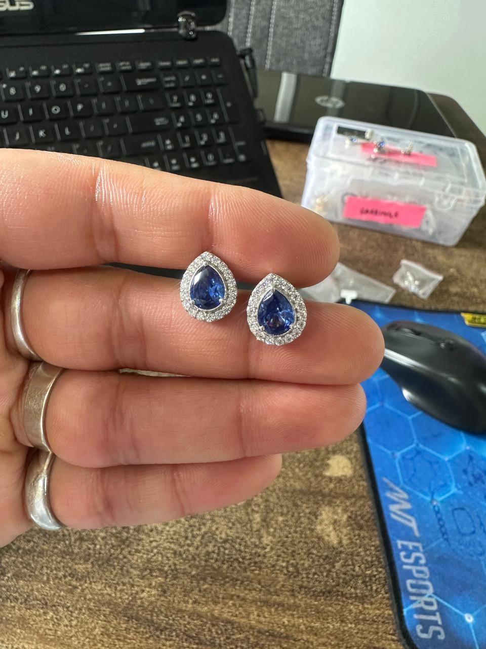 Pear Cut Blue Sapphire Halo Stud Earrings | 925 Sterling Silver Bridal Jewelry