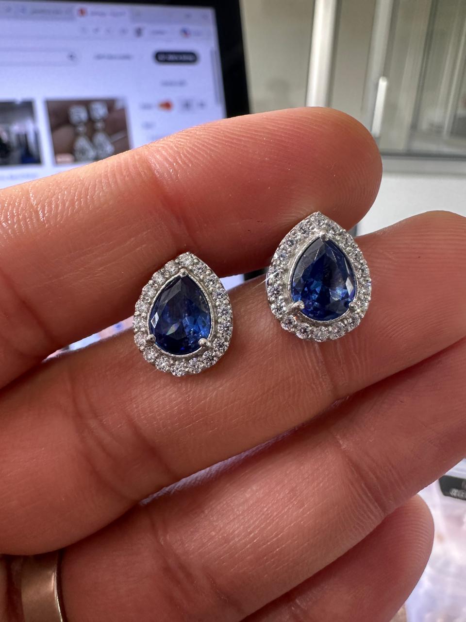 Pear Cut Blue Sapphire Halo Stud Earrings | 925 Sterling Silver Bridal Jewelry
