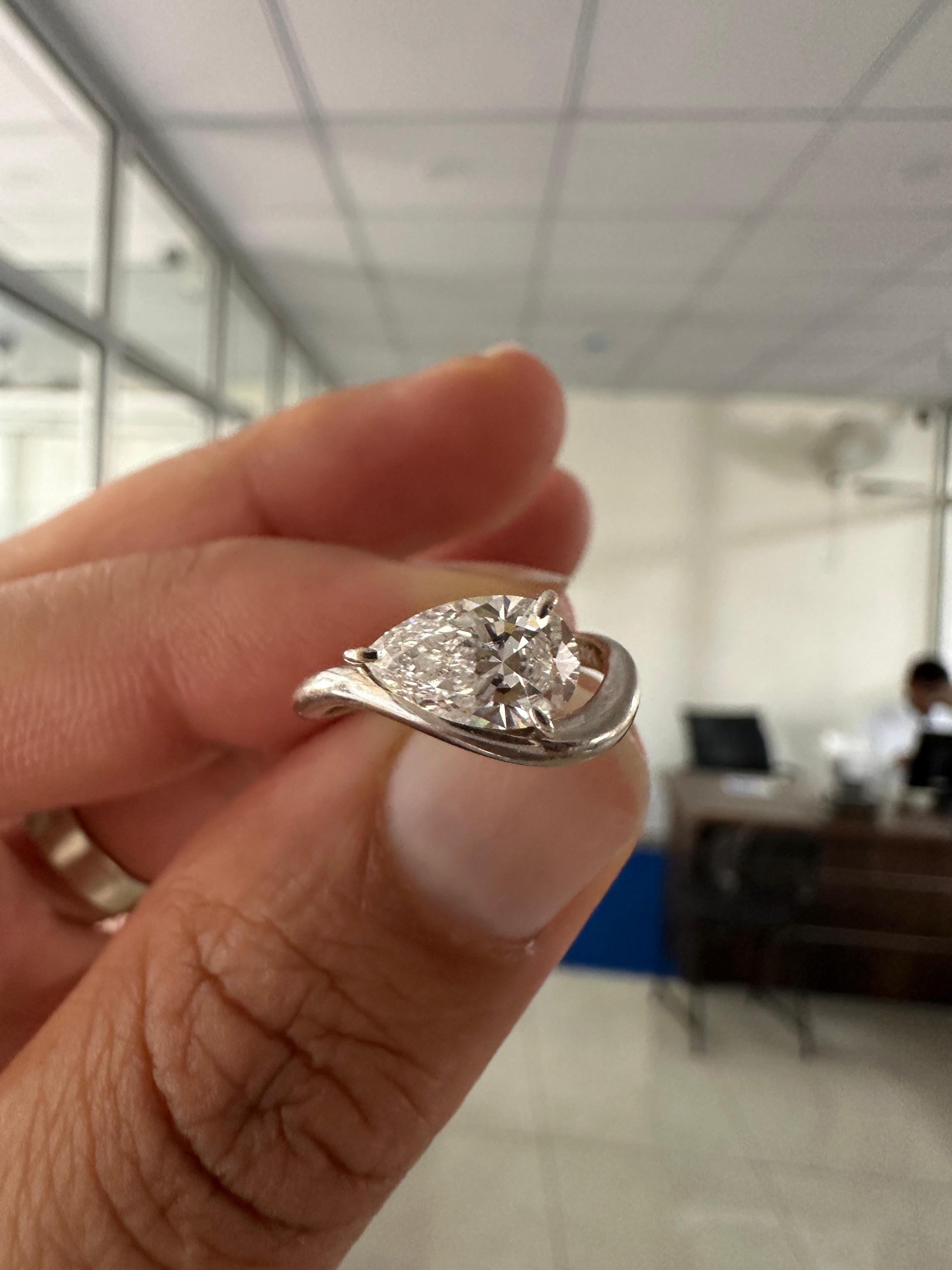1 CT Pear Lab Diamond Signet Ring, 14K White Gold Curved Band, IGI Certified