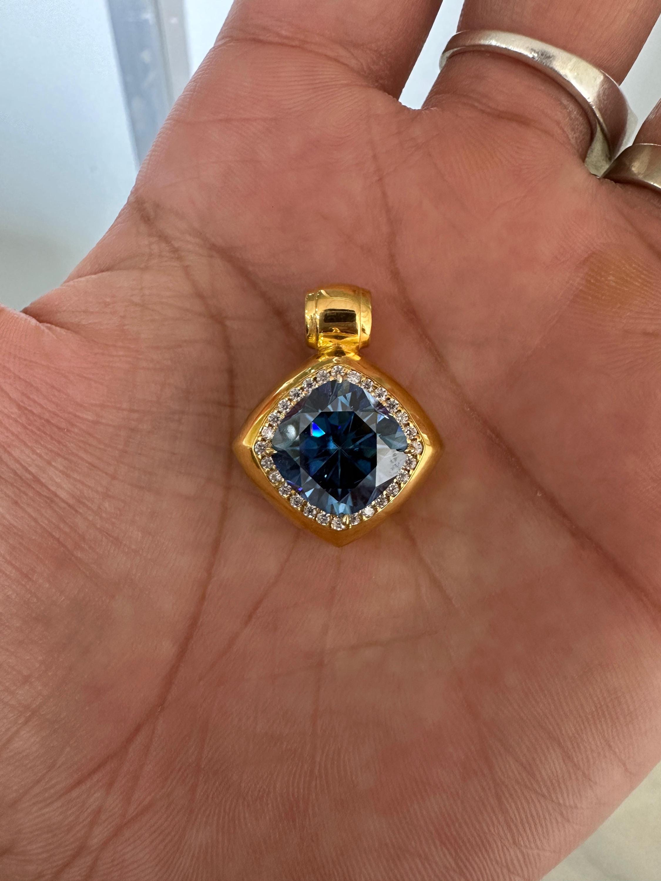 10 CT Cushion Blue Moissanite Halo Pendant | 14K Yellow Gold Statement Necklace