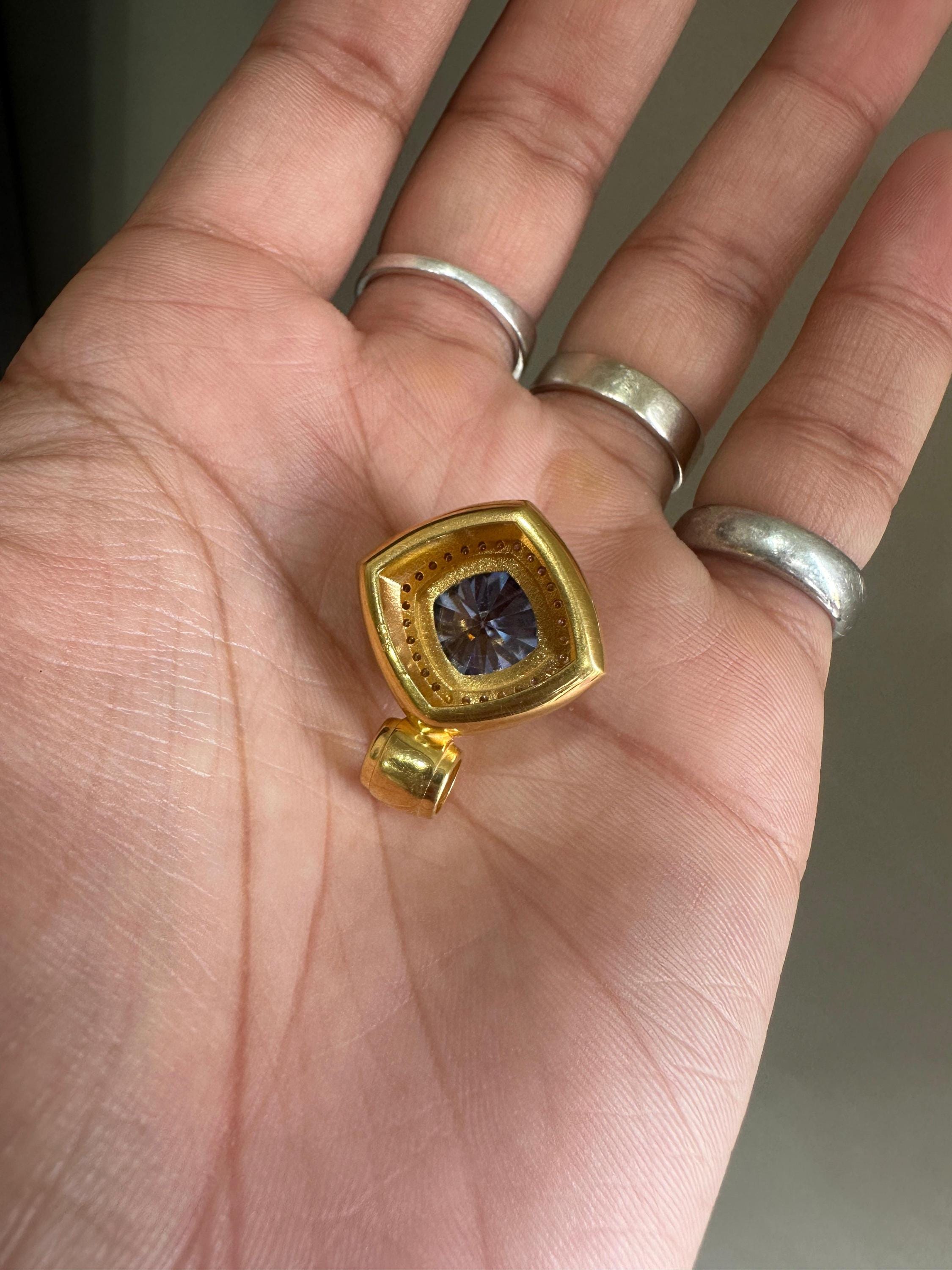 10 CT Cushion Blue Moissanite Halo Pendant | 14K Yellow Gold Statement Necklace