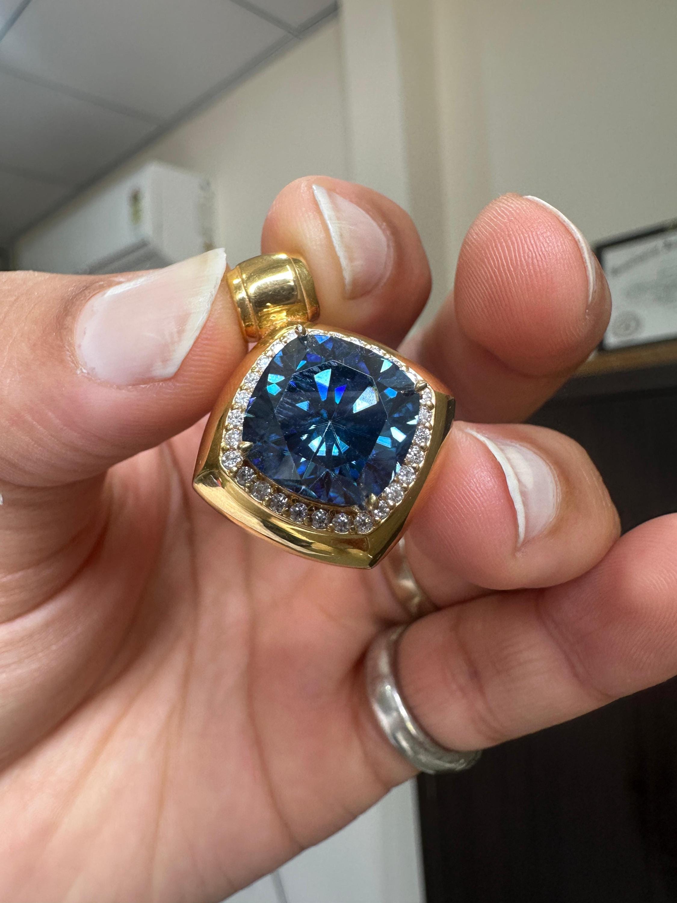 10 CT Cushion Blue Moissanite Halo Pendant | 14K Yellow Gold Statement Necklace