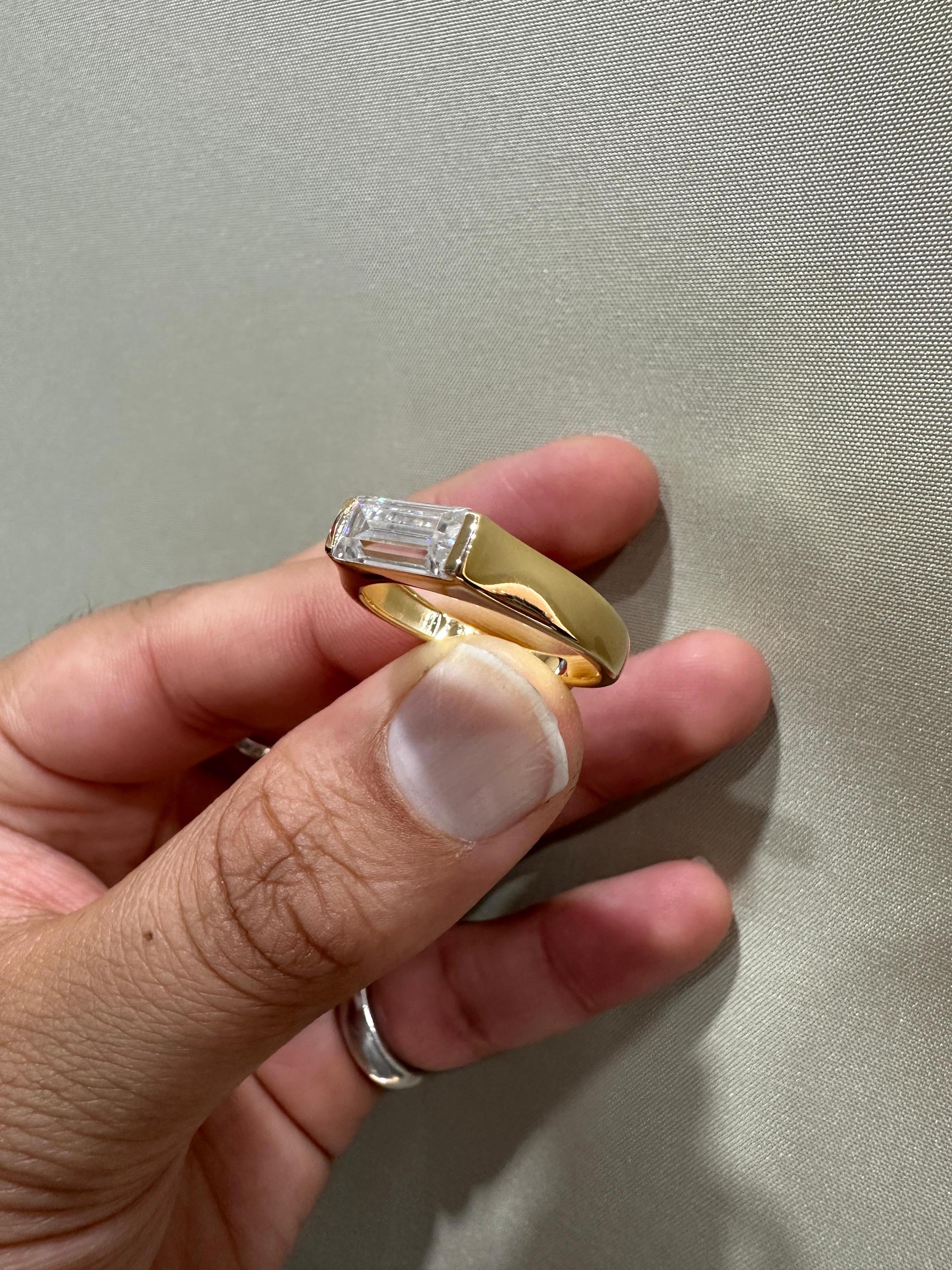 Men's Diamond Engagement Ring: 14K Yellow Gold Baguette cut Signet Ring, 2 CT