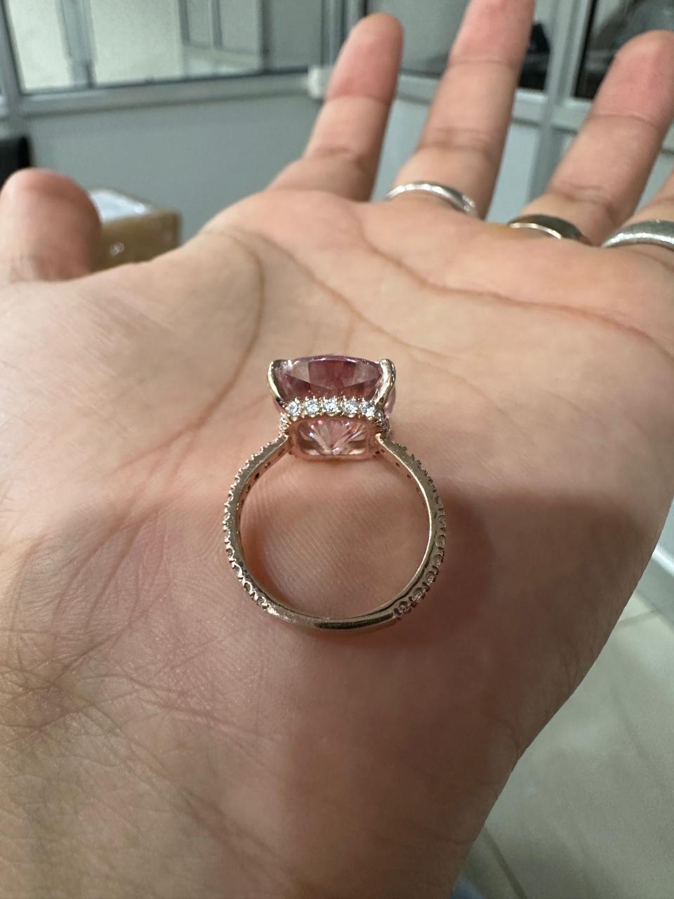 10 CT Pink Cushion Moissanite Engagement Ring, 14K Rose Gold Hidden Halo Pavé Band