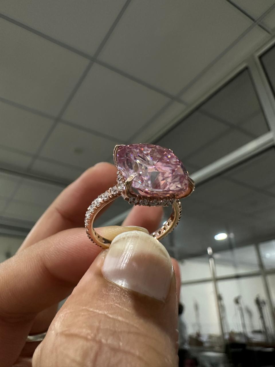 10 CT Pink Cushion Moissanite Engagement Ring, 14K Rose Gold Hidden Halo Pavé Band