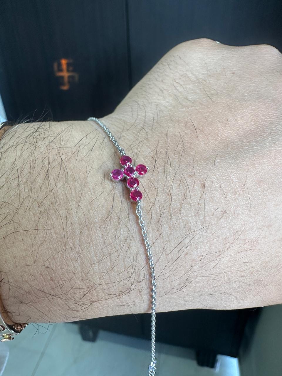 Minimal Ruby Cross Bracelet | 925 Sterling Silver | Red Gemstone Chain Bracelet | Religious Jewelry