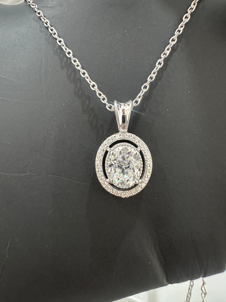 Oval Moissanite Halo Pendant Necklace | 925 Sterling Silver Statement Jewelry
