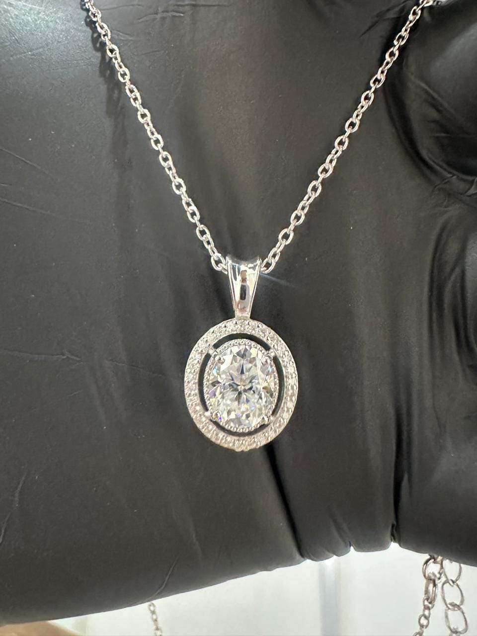 Oval Moissanite Halo Pendant Necklace | 925 Sterling Silver Statement Jewelry