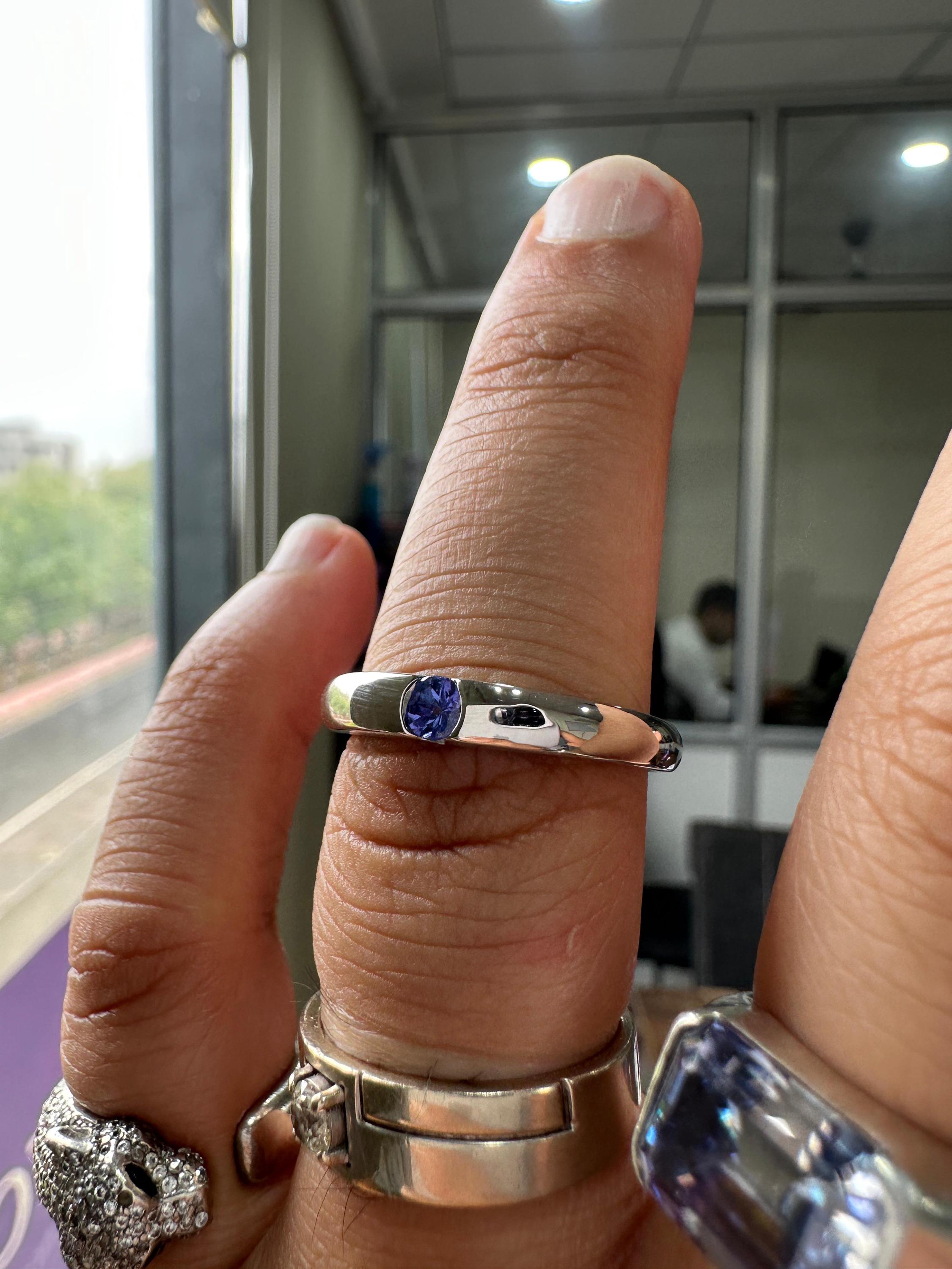 14K White Gold Tanzanite Engagement Band Ring | Minimalist Half Bezel Couple Ring