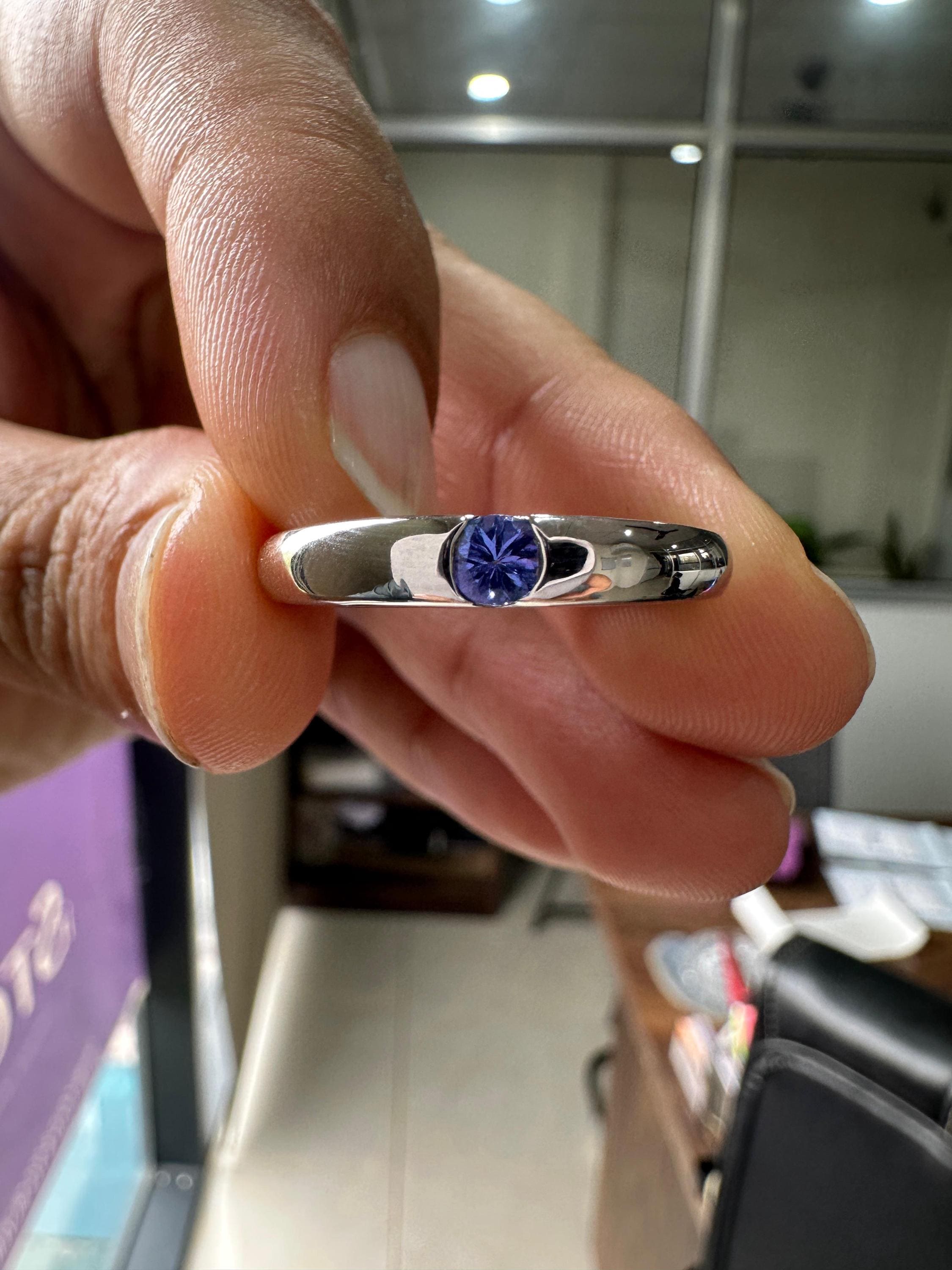 14K White Gold Tanzanite Engagement Band Ring | Minimalist Half Bezel Couple Ring