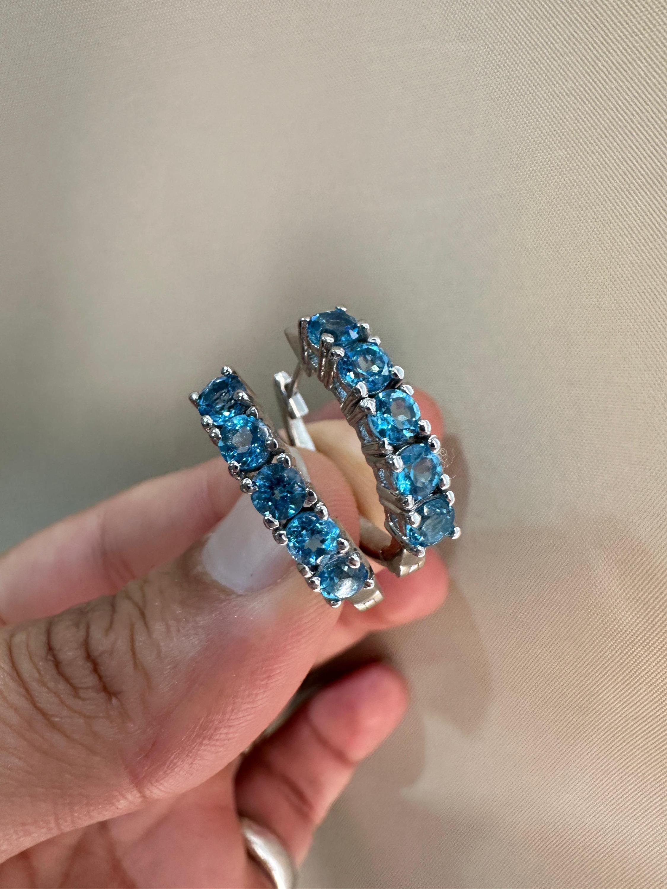 Natural Blue Topaz Huggie Hoop Earrings 14K White Gold | Fine Jewelry Gift for Her