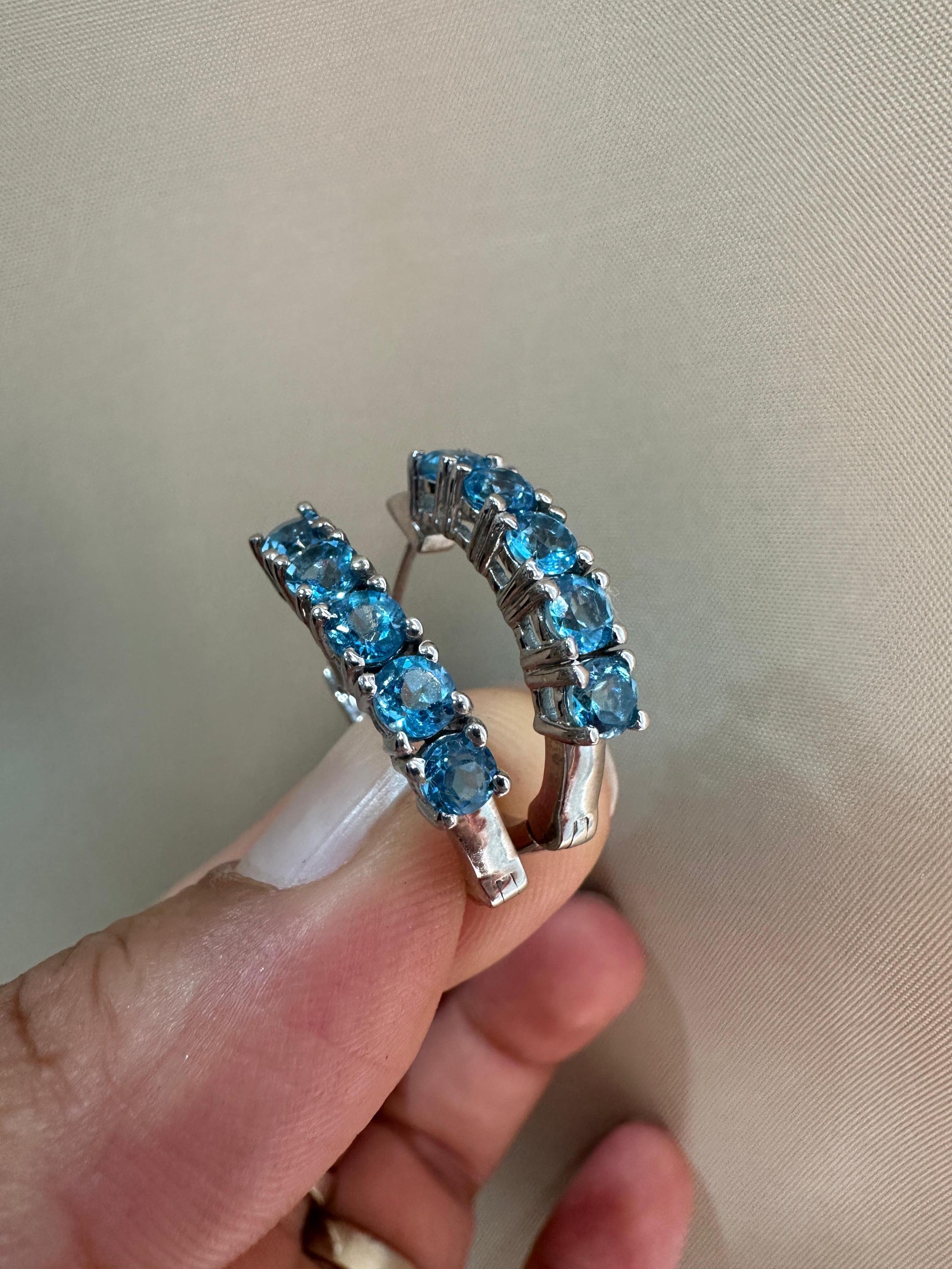 Natural Blue Topaz Huggie Hoop Earrings 14K White Gold | Fine Jewelry Gift for Her