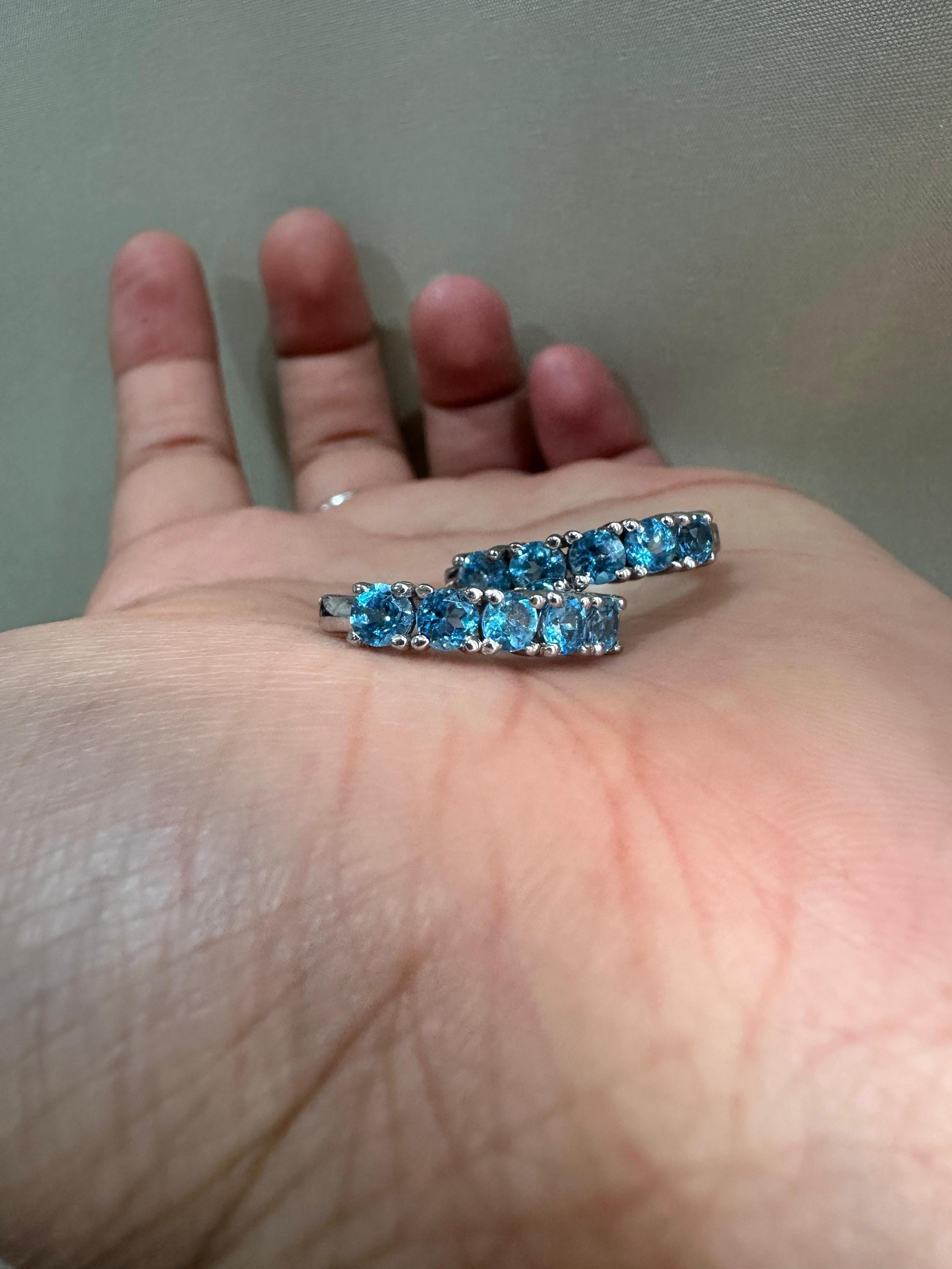 Natural Blue Topaz Huggie Hoop Earrings 14K White Gold | Fine Jewelry Gift for Her