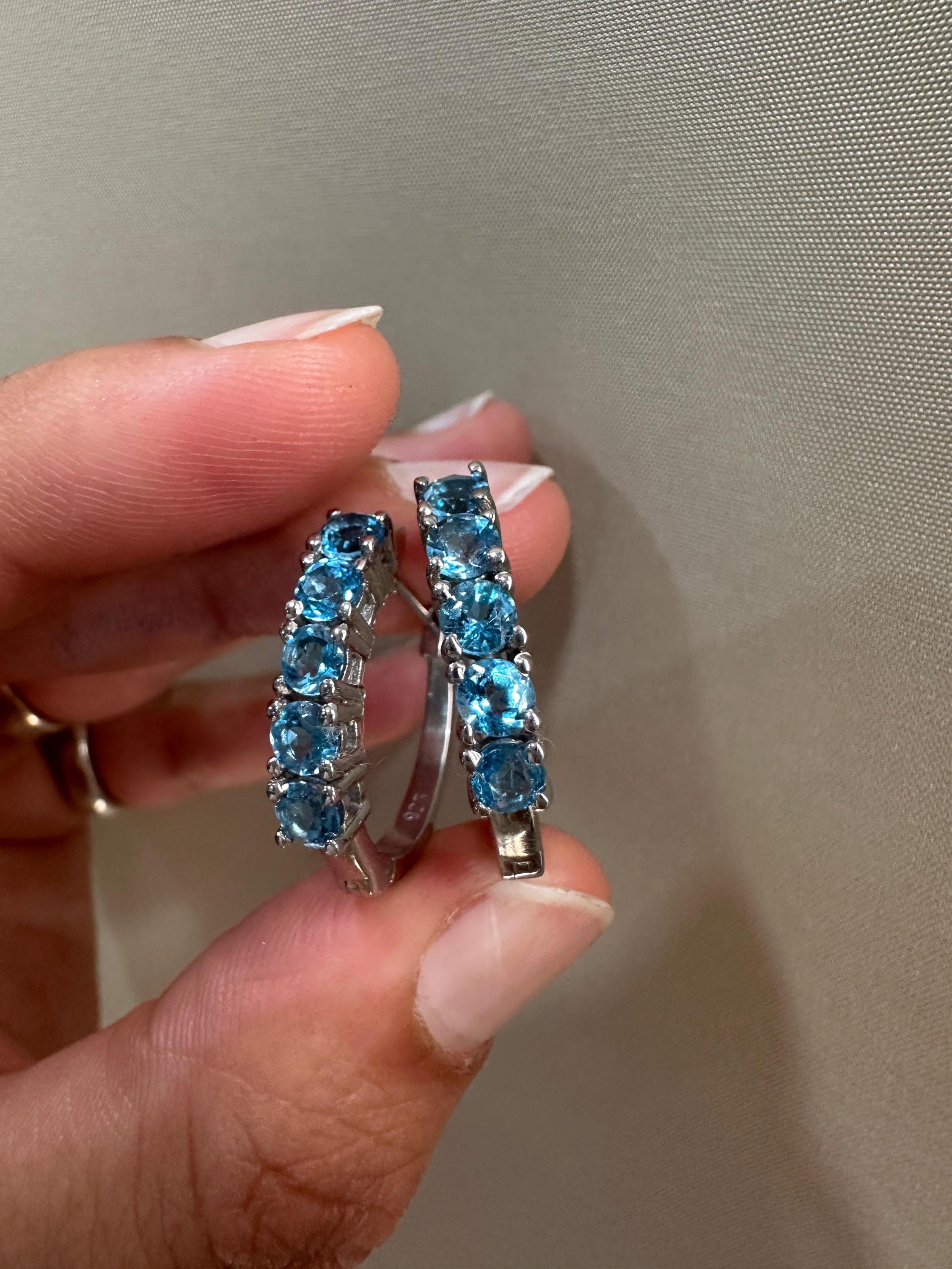 Natural Blue Topaz Huggie Hoop Earrings 14K White Gold | Fine Jewelry Gift for Her