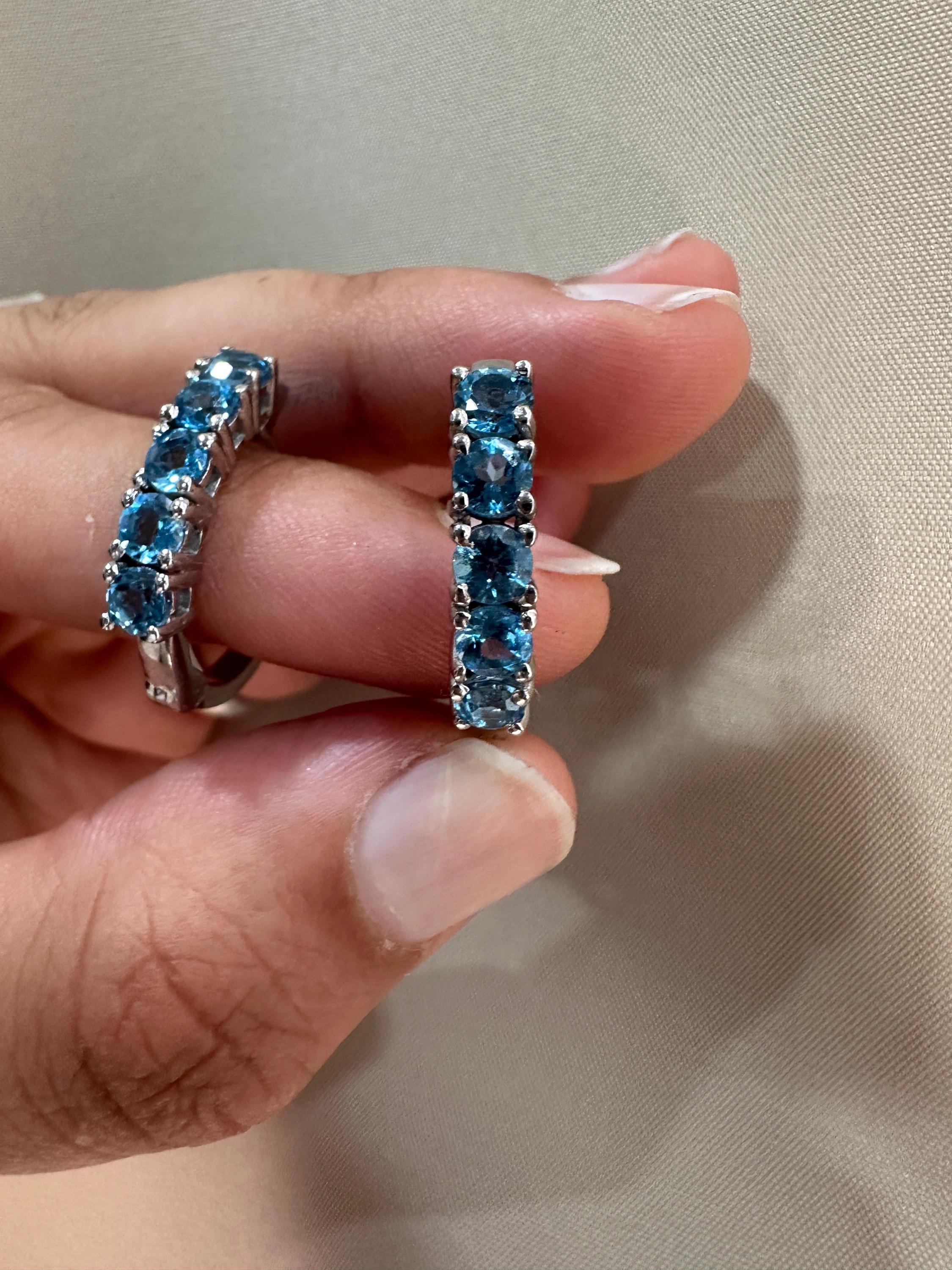 Natural Blue Topaz Huggie Hoop Earrings 14K White Gold | Fine Jewelry Gift for Her